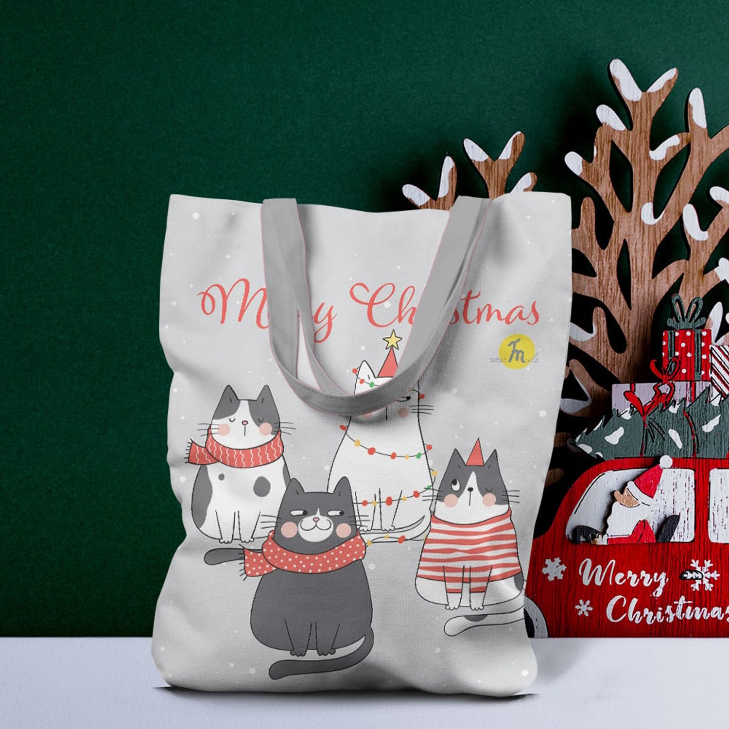 Geanta Handmade Tote Liner cu Captuseala, Merry Christmas Urare de Craciun de la 4 Pisici, Multicolor, 45x37 cm fotografia produsului View 2 L