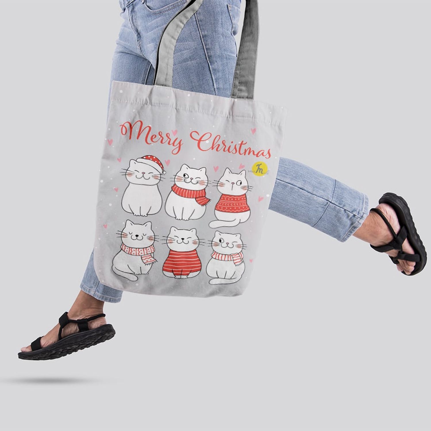 Geanta Handmade Tote Liner cu Captuseala, Merry Christmas Urare de Craciun de la 6 Pisici, Multicolor, 45x37 cm fotografia produsului View 3 L