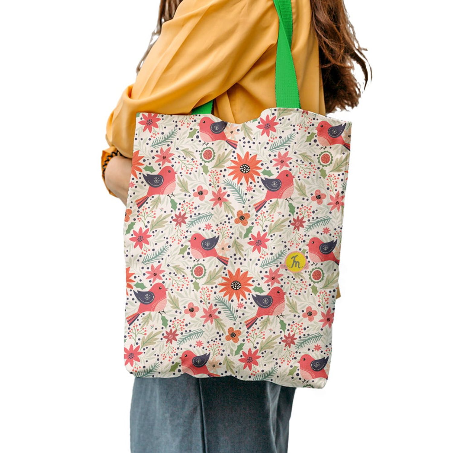 Geanta Handmade Tote Liner cu Captuseala, Pattern cu Pasari si Plante, Multicolor, 45x37 cm fotografia produsului View 6 L