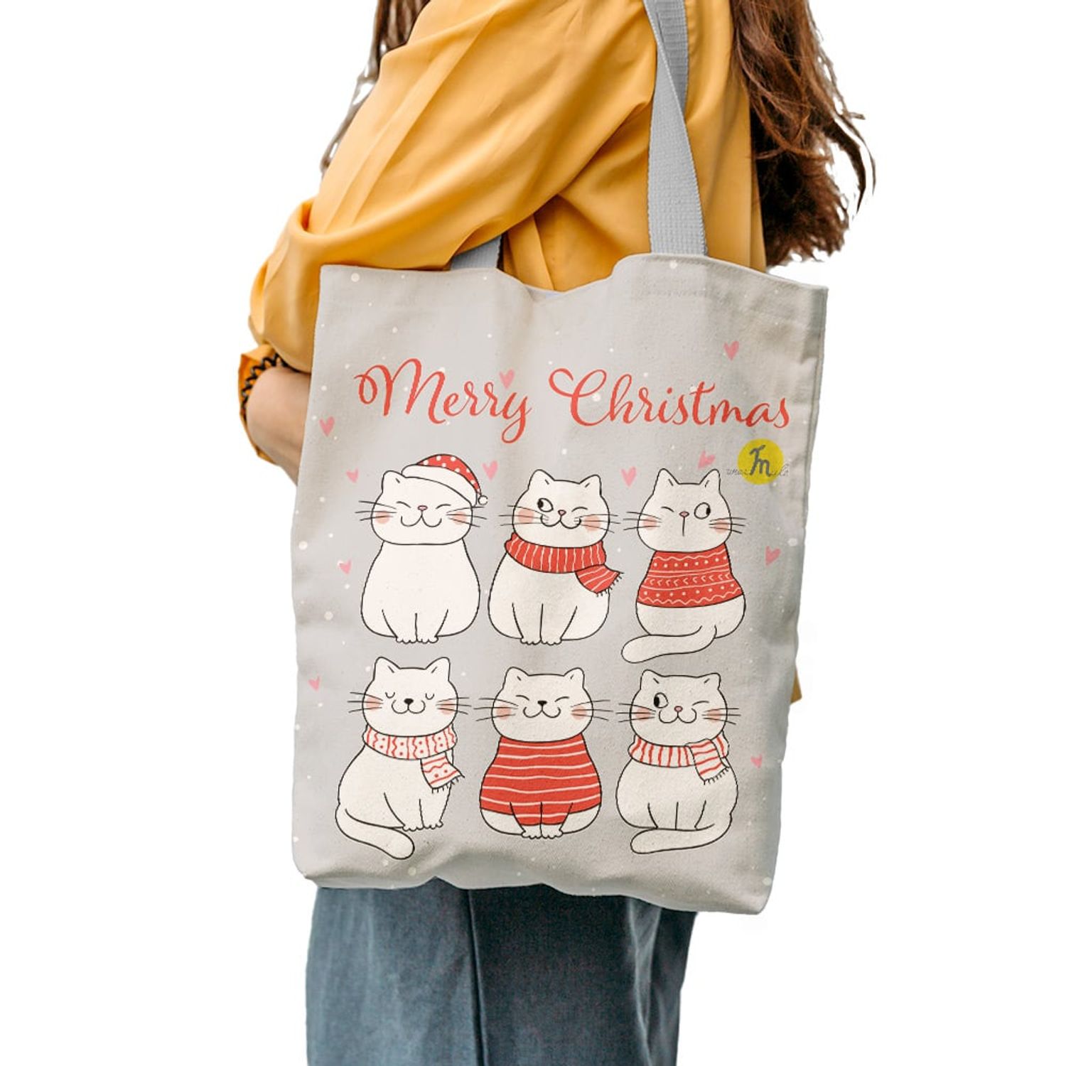 Geanta Handmade Tote Liner cu Captuseala, Merry Christmas Urare de Craciun de la 6 Pisici, Multicolor, 45x37 cm fotografia produsului View 4 L