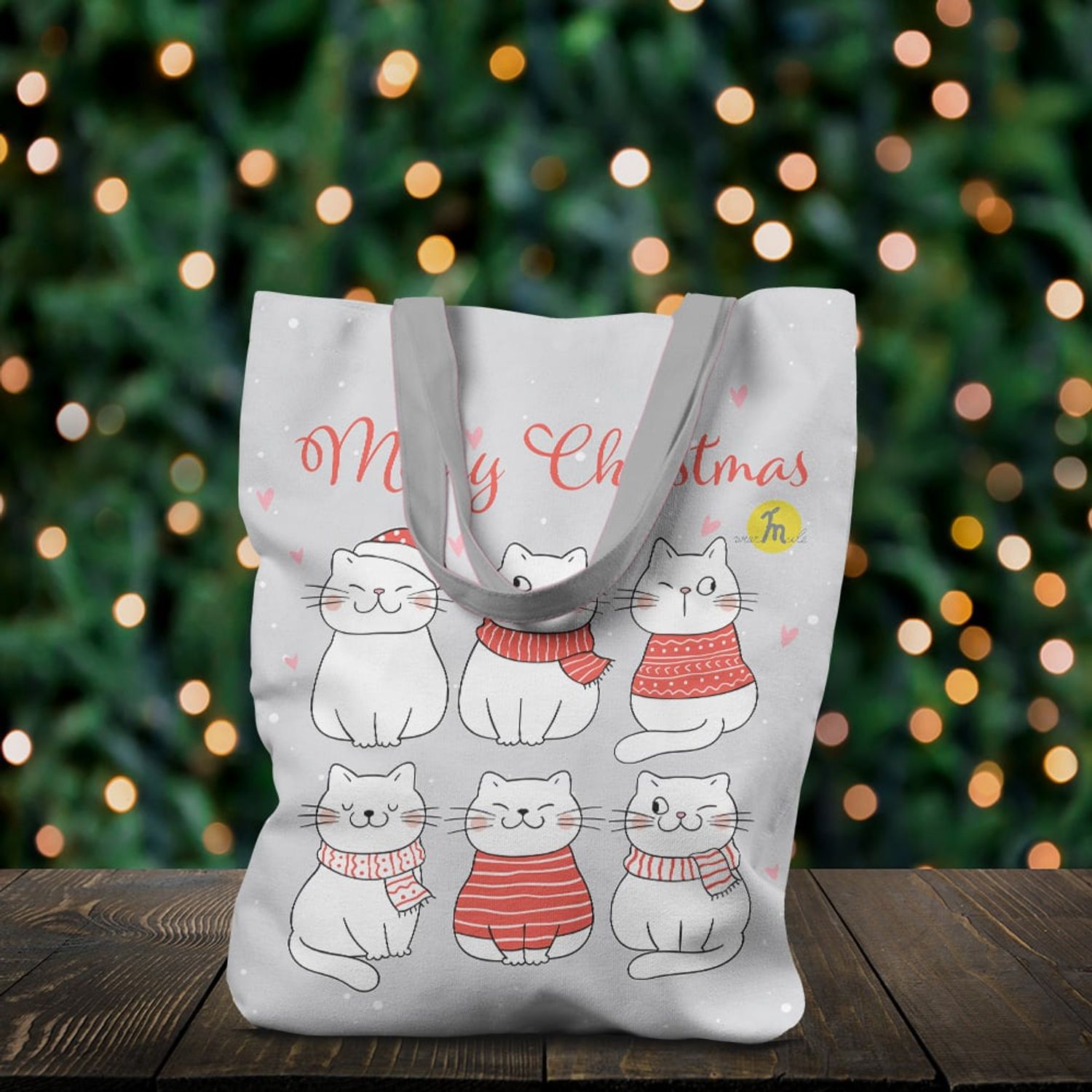 Geanta Handmade Tote Liner cu Captuseala, Merry Christmas Urare de Craciun de la 6 Pisici, Multicolor, 45x37 cm fotografia produsului View 5 L