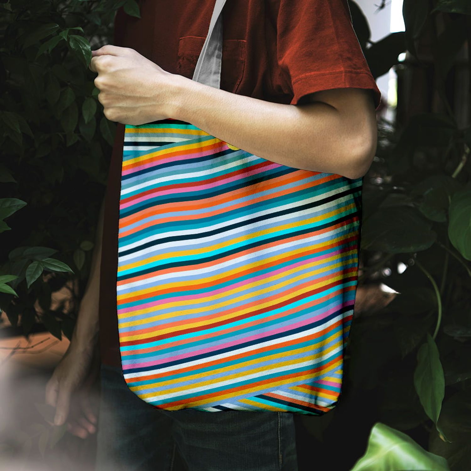 Geanta Handmade, Tote Bag Liner Original Mulewear, Abstract Magia Culorilor, Stripey Magic, Multicolor, 45x37 cm fotografia produsului View 3 L
