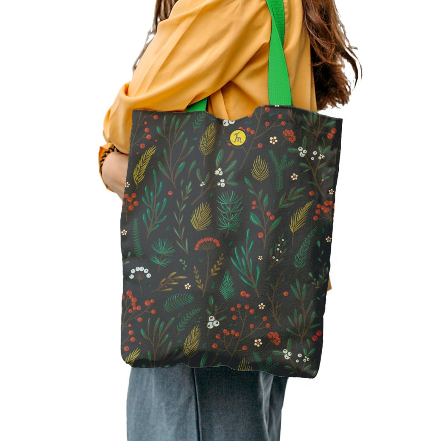 Geanta Handmade Tote Liner cu Captuseala, Pattern cu Plante Diverse, Multicolor, 45x37 cm fotografia produsului View 4 L