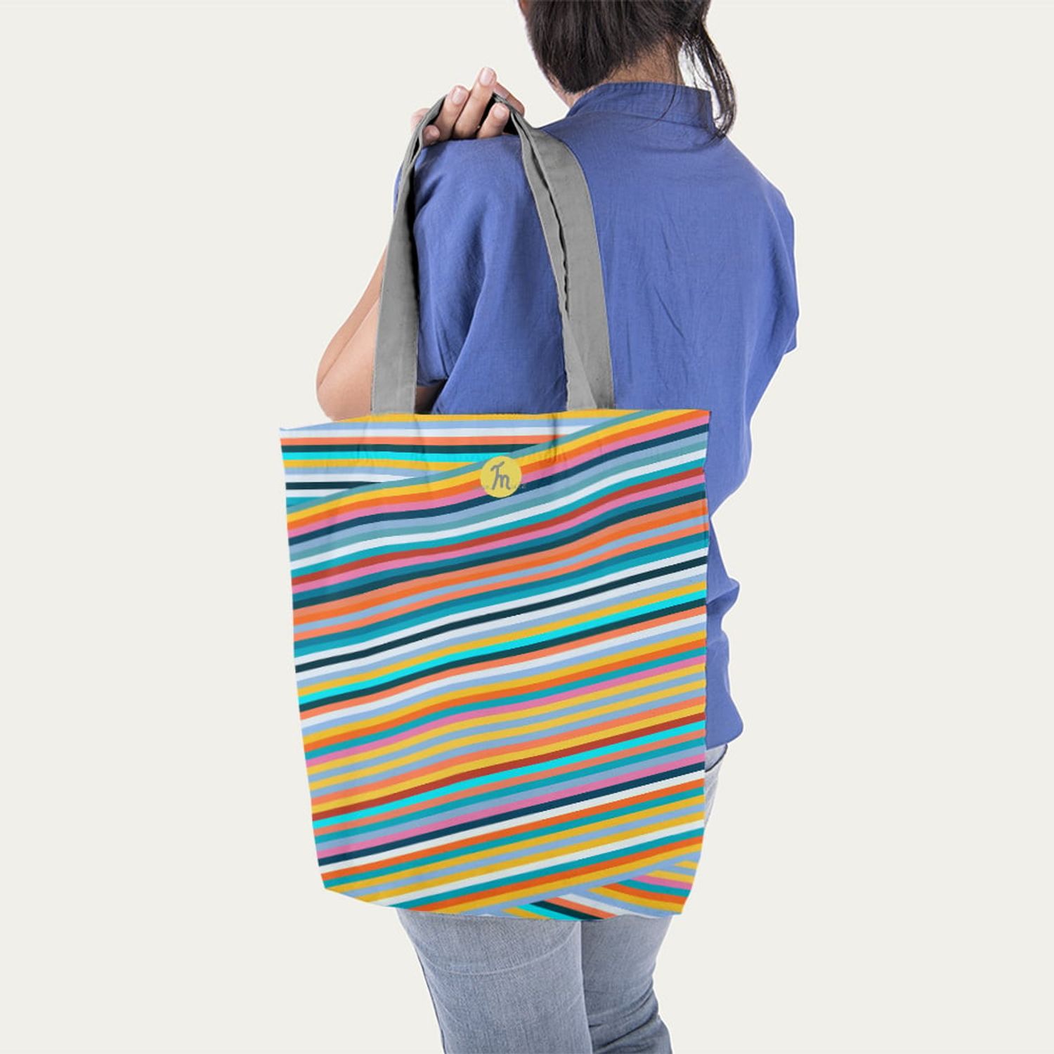 Geanta Handmade, Tote Bag Liner Original Mulewear, Abstract Magia Culorilor, Stripey Magic, Multicolor, 45x37 cm fotografia produsului View 6 L