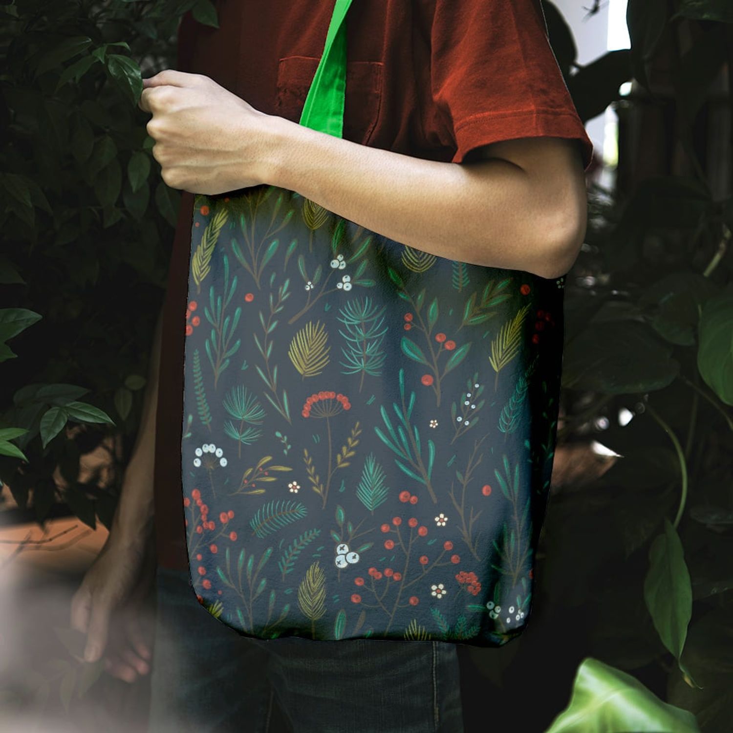 Geanta Handmade Tote Liner cu Captuseala, Pattern cu Plante Diverse, Multicolor, 45x37 cm fotografia produsului View 6 L