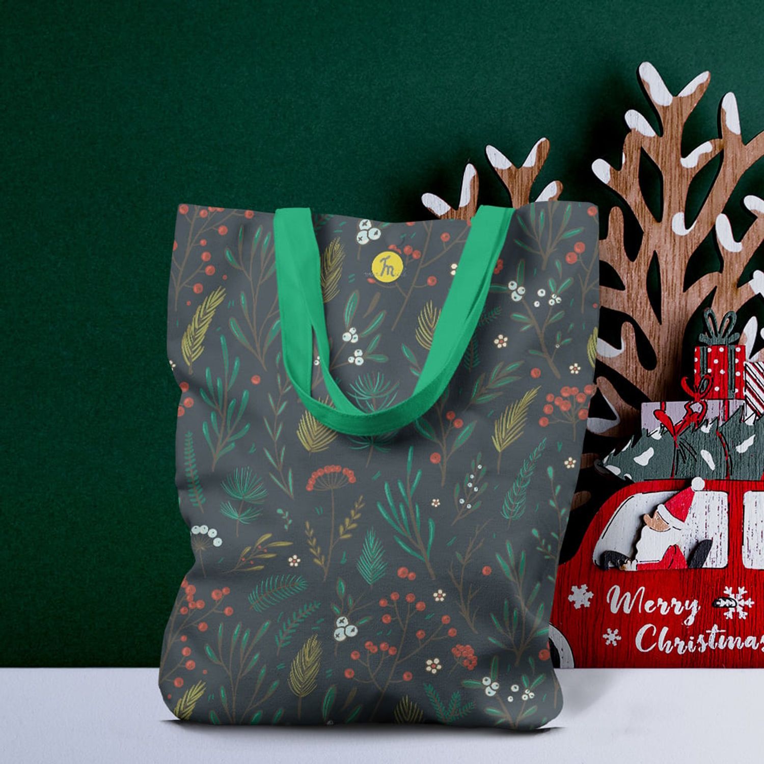 Geanta Handmade Tote Liner cu Captuseala, Pattern cu Plante Diverse, Multicolor, 45x37 cm fotografia produsului View 2 L