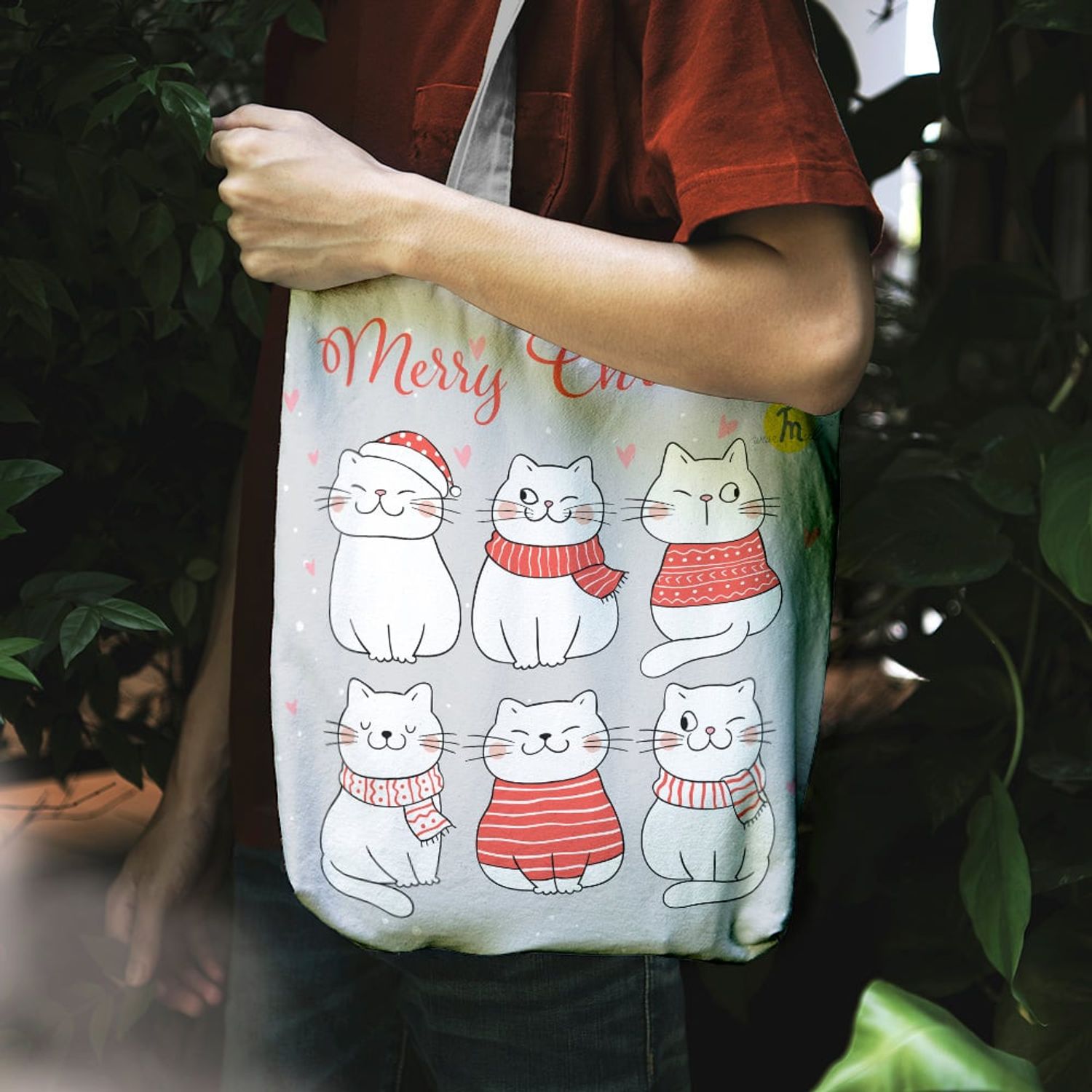 Geanta Handmade Tote Liner cu Captuseala, Merry Christmas Urare de Craciun de la 6 Pisici, Multicolor, 45x37 cm fotografia produsului View 6 L
