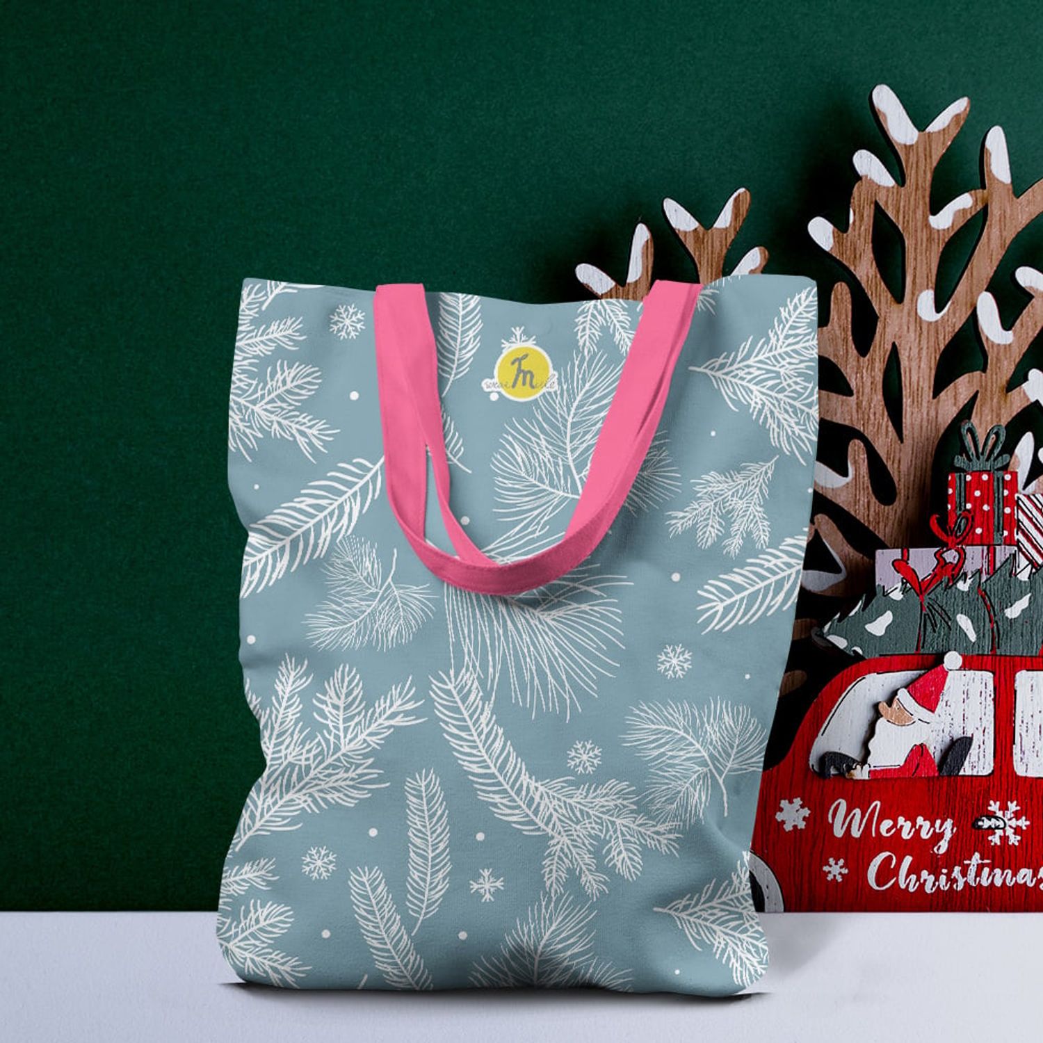 Geanta Handmade Tote Liner cu Captuseala, Ninsoare de Iarna asezata in Copaci, Multicolor, 45x37 cm fotografia produsului View 2 L