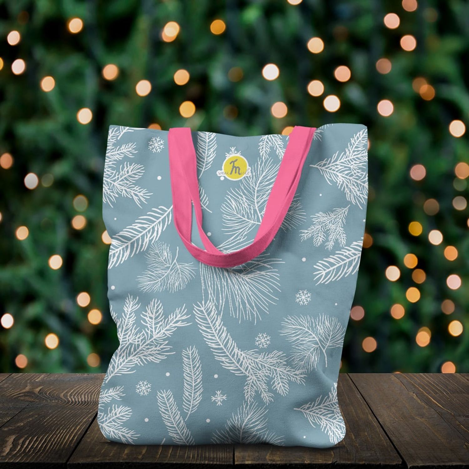 Geanta Handmade Tote Liner cu Captuseala, Ninsoare de Iarna asezata in Copaci, Multicolor, 45x37 cm fotografia produsului View 6 L