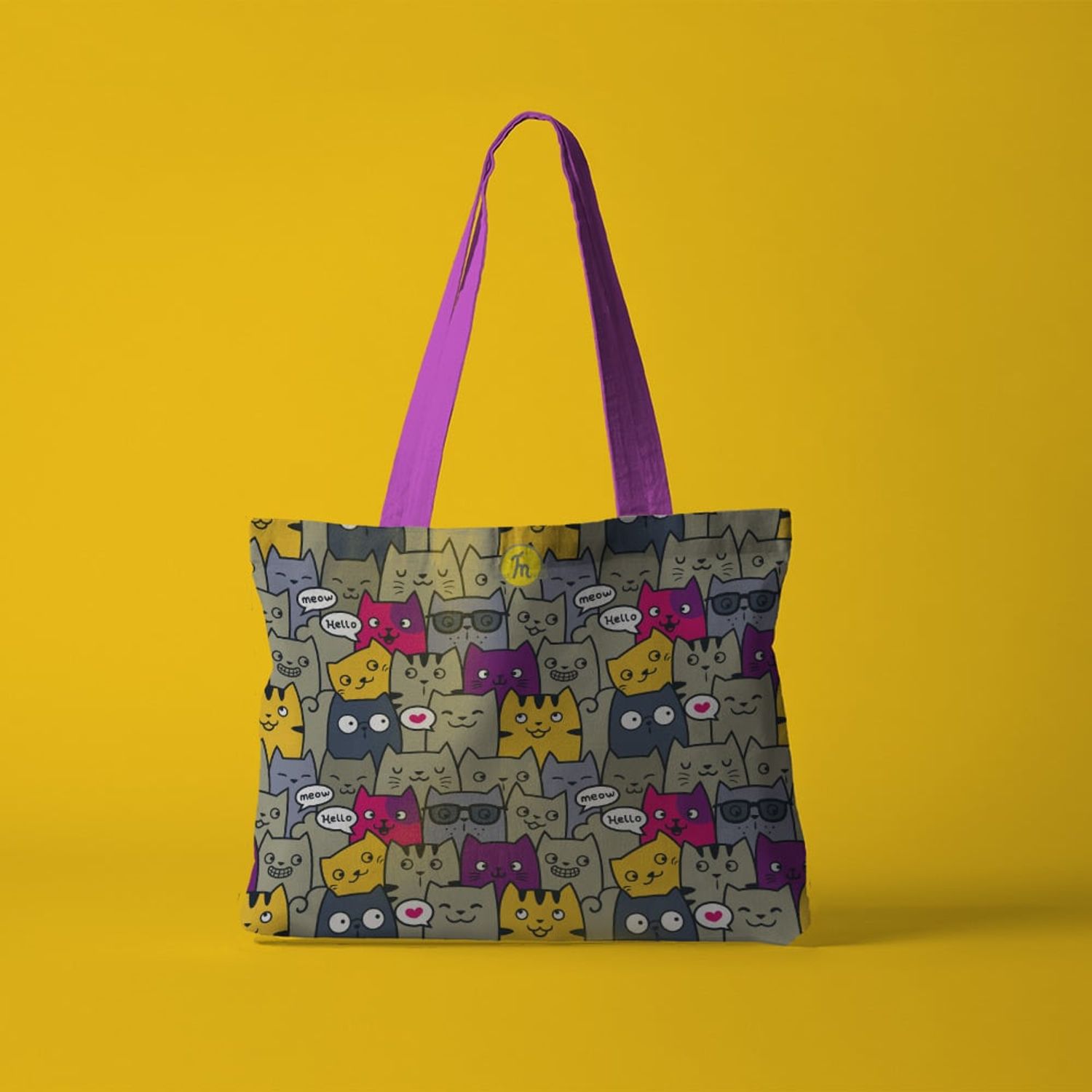 Geanta Handmade Tote Fatty cu Captuseala, Pisici Vorbarete, Multicolor, 37x45 cm fotografia produsului View 3 L
