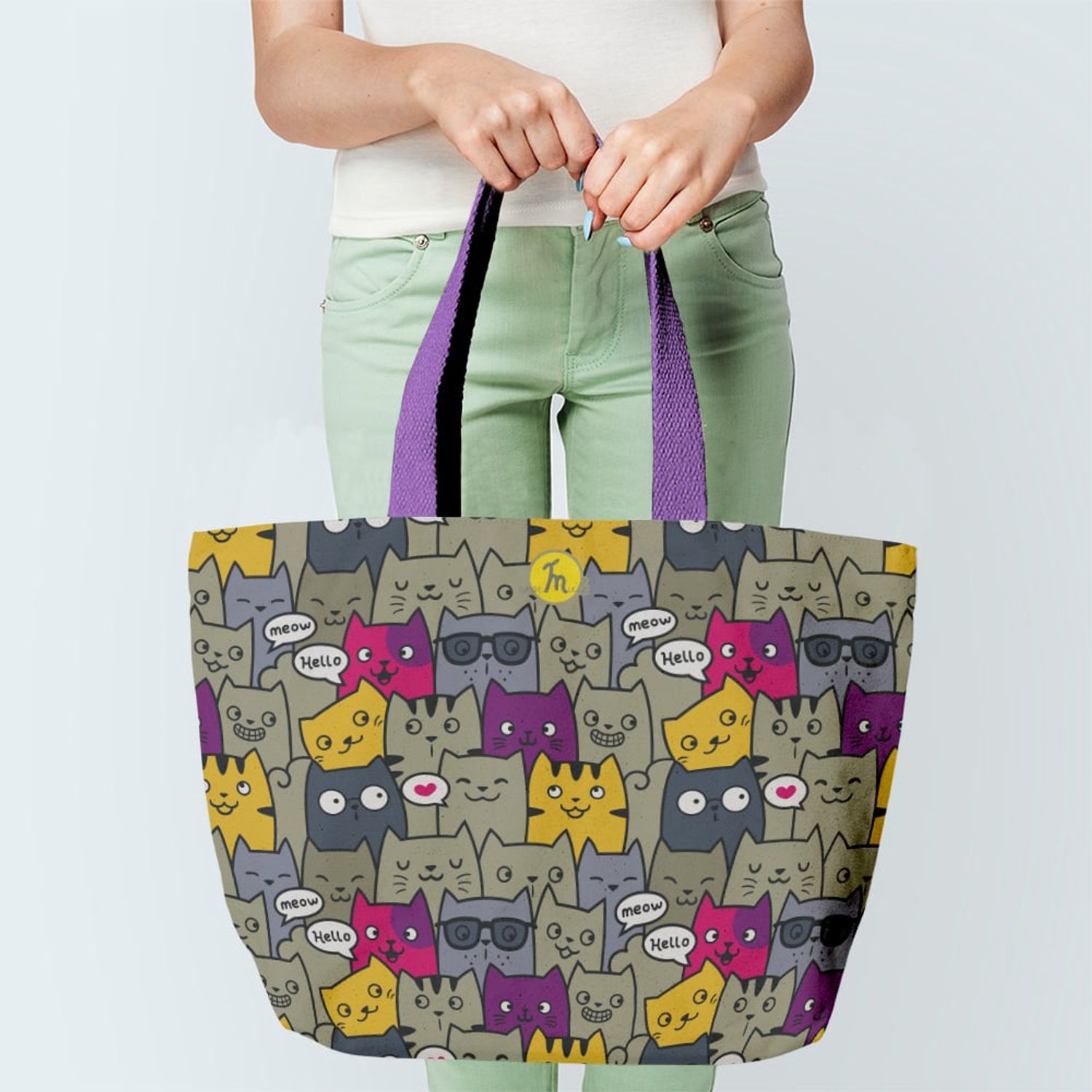 Geanta Handmade Tote Fatty cu Captuseala, Pisici Vorbarete, Multicolor, 37x45 cm fotografia produsului View 2 L