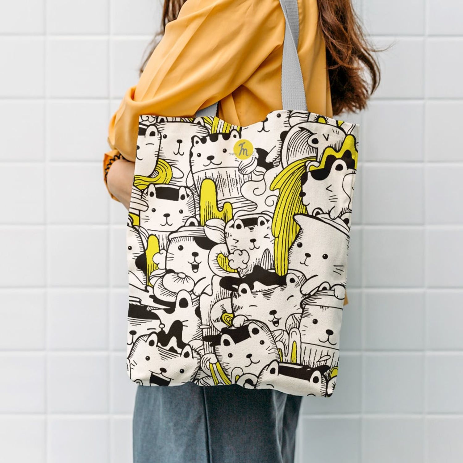 Geanta Handmade Tote Liner cu Captuseala, Pisici cu Galben, 45x37 cm fotografia produsului View 3 L