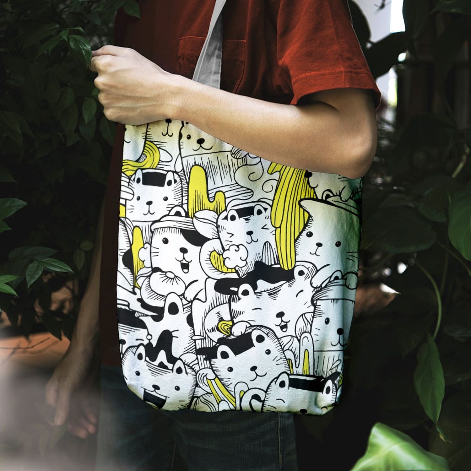 Geanta Handmade Tote Liner cu Captuseala, Pisici cu Galben, 45x37 cm fotografia produsului View 5 L