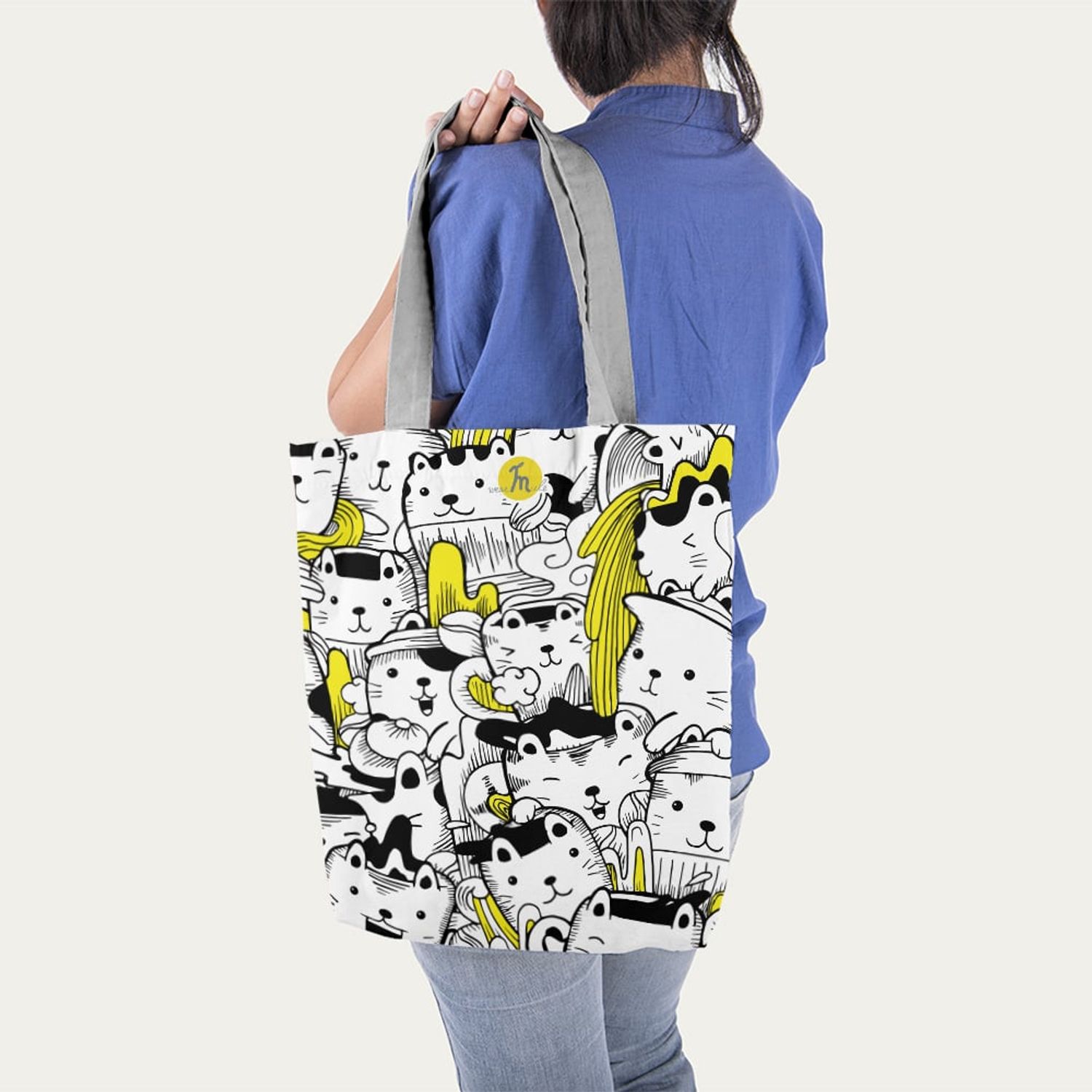 Geanta Handmade Tote Liner cu Captuseala, Pisici cu Galben, 45x37 cm fotografia produsului View 6 L