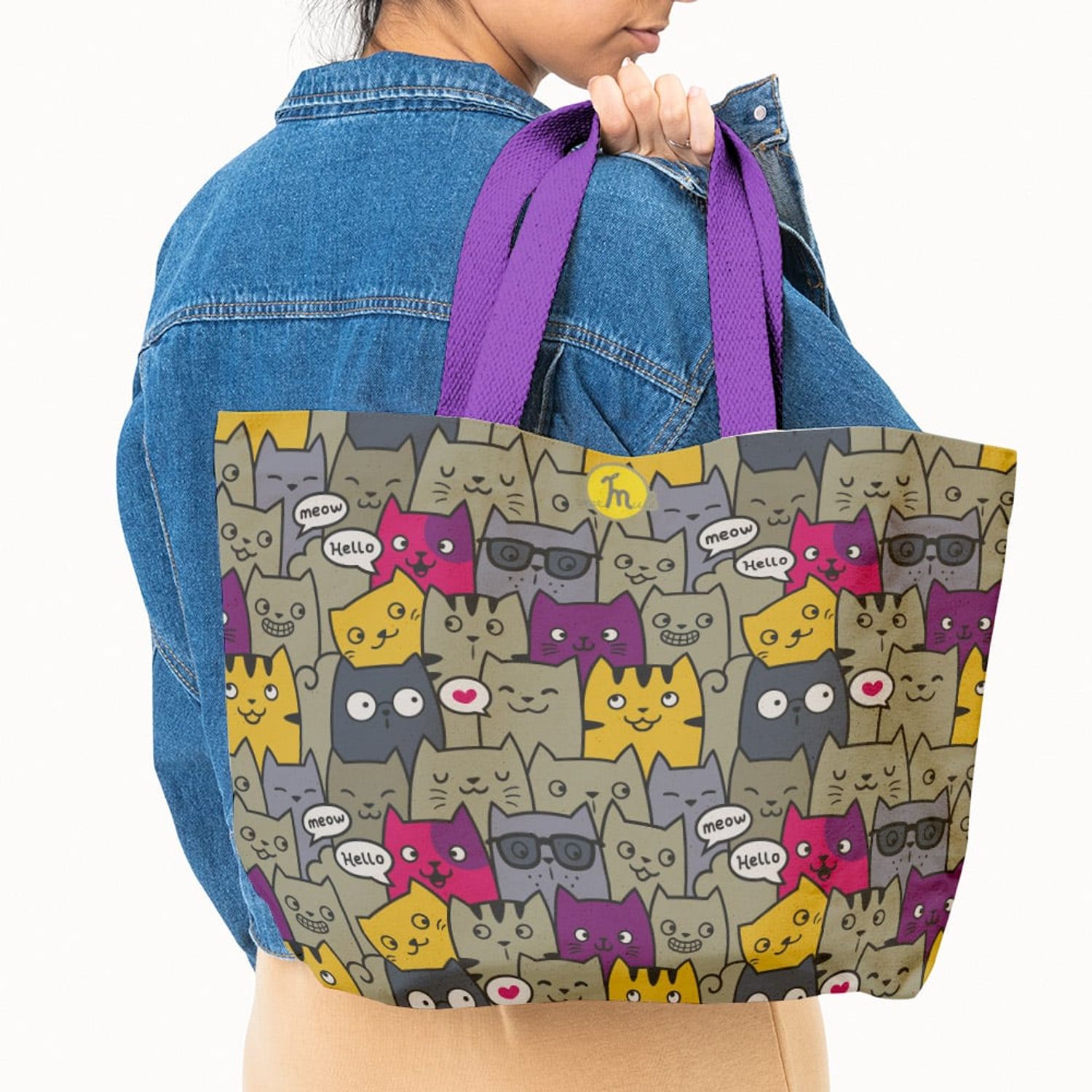Geanta Handmade Tote Fatty cu Captuseala, Pisici Vorbarete, Multicolor, 37x45 cm fotografia produsului View 5 L