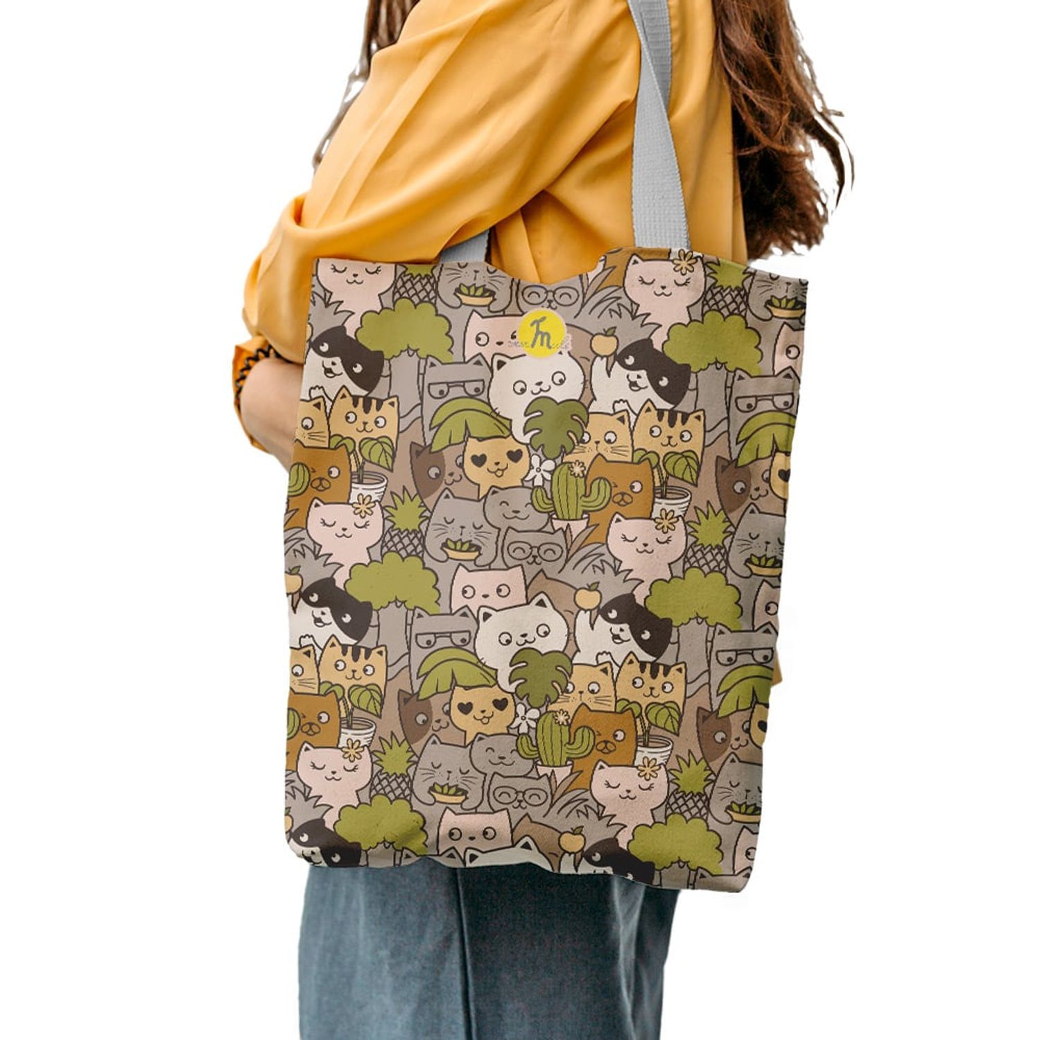 Geanta Handmade Tote Liner cu Captuseala, Pisici si Plante, Multicolor, 45x37 cm fotografia produsului View 4 L