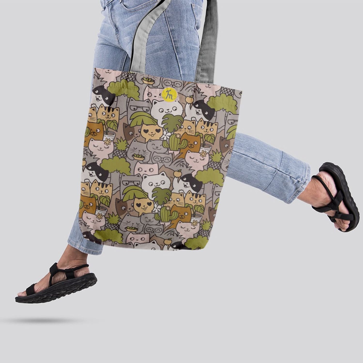 Geanta Handmade Tote Liner cu Captuseala, Pisici si Plante, Multicolor, 45x37 cm fotografia produsului View 2 L
