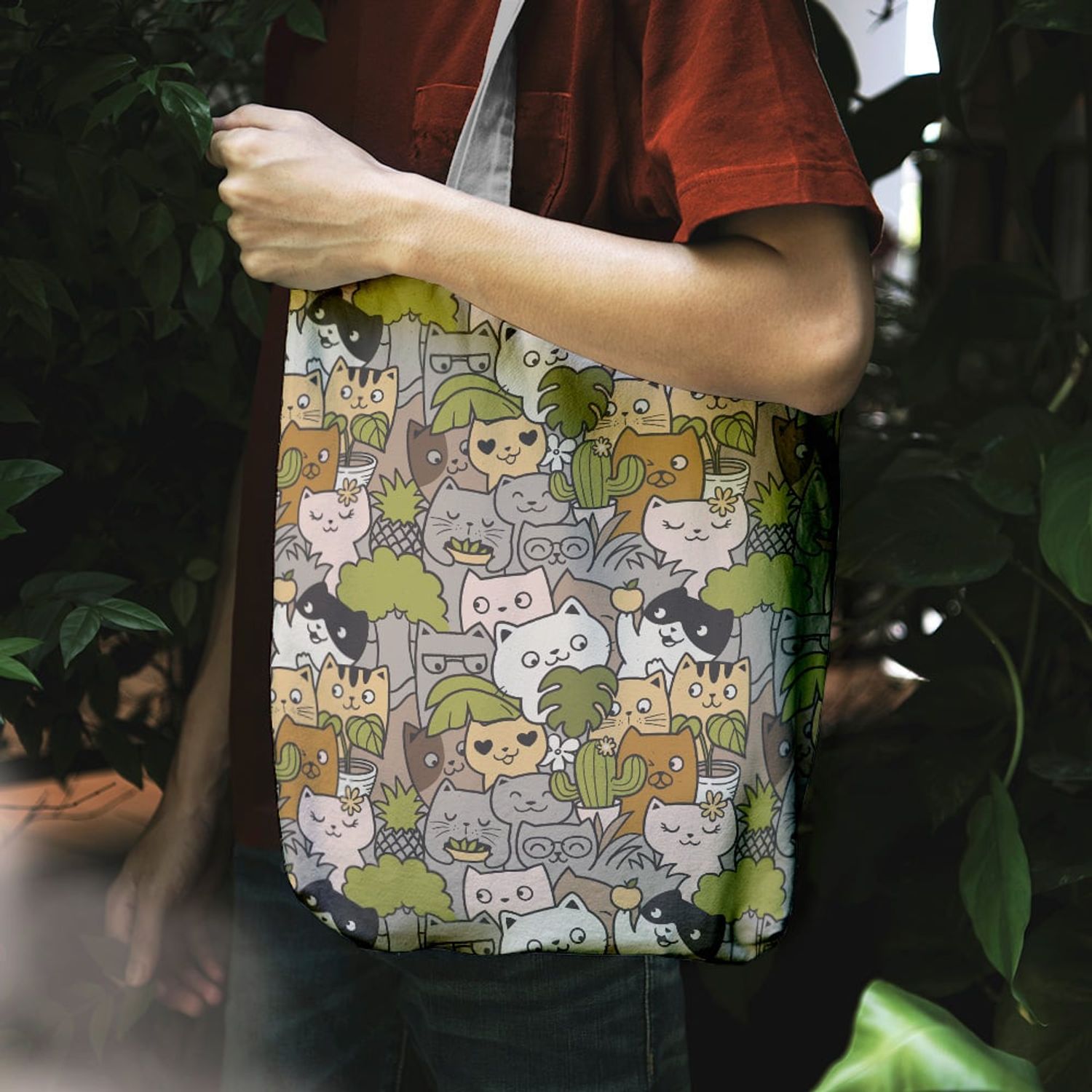 Geanta Handmade Tote Liner cu Captuseala, Pisici si Plante, Multicolor, 45x37 cm fotografia produsului View 5 L