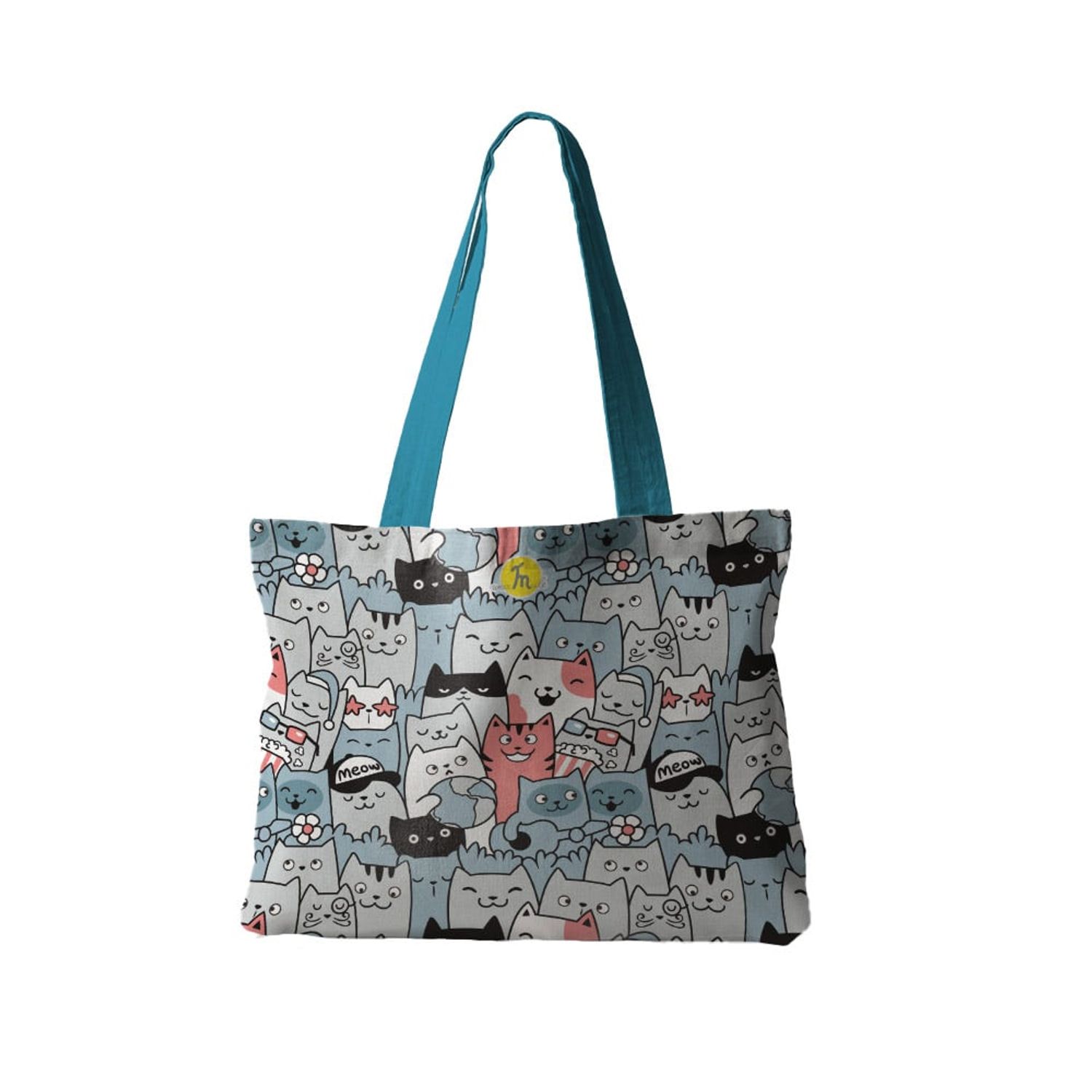 Geanta Handmade Tote Fatty cu Captuseala, O Multime Pisici Fericite, Multicolor, 37x45 cm fotografia produsului
