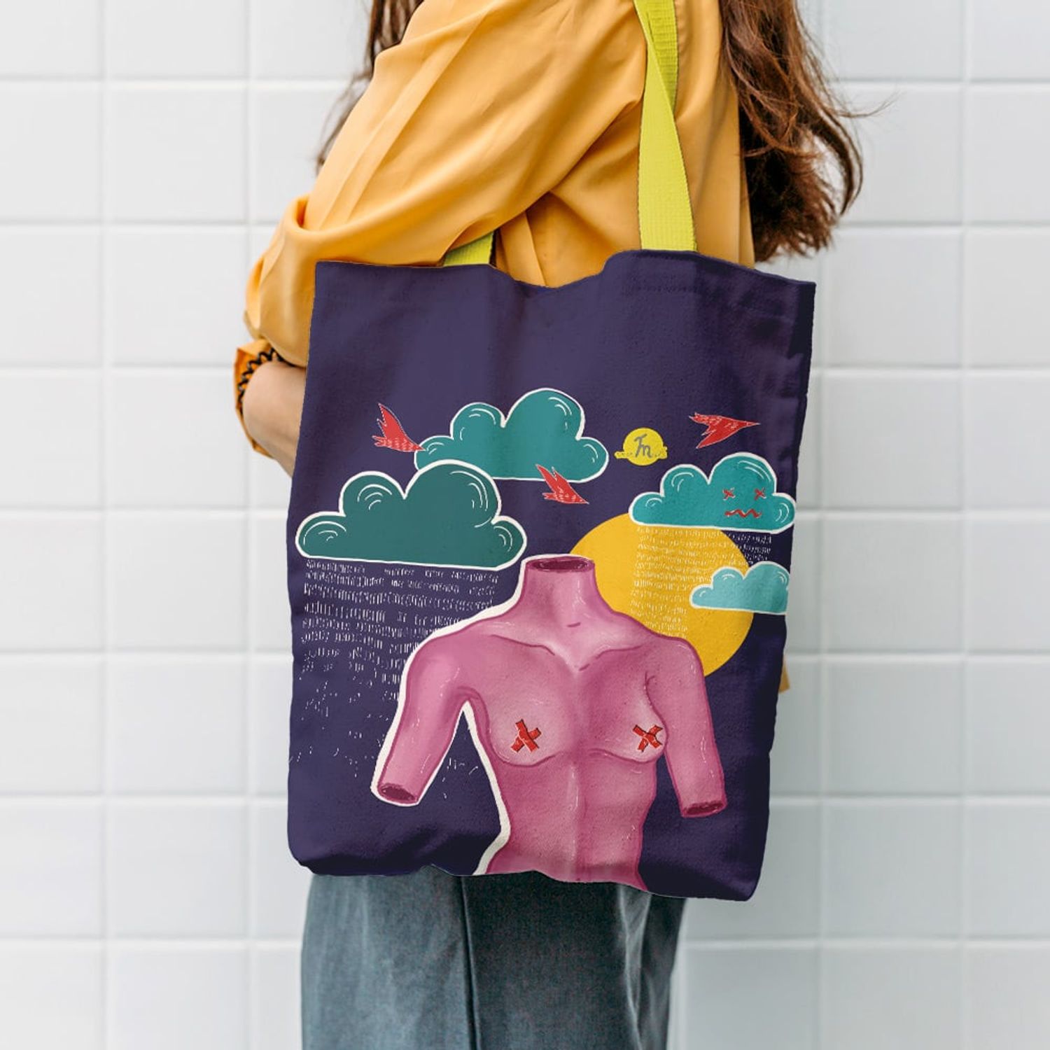 Geanta Handmade Tote Liner cu Captuseala, Afrodita Bust, Nori si Ploaie, Multicolor, 45x37 cm fotografia produsului View 5 L