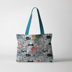 Geanta Handmade Tote Fatty cu Captuseala, O Multime Pisici Fericite, Multicolor, 37x45 cm fotografia produsului View 3 S