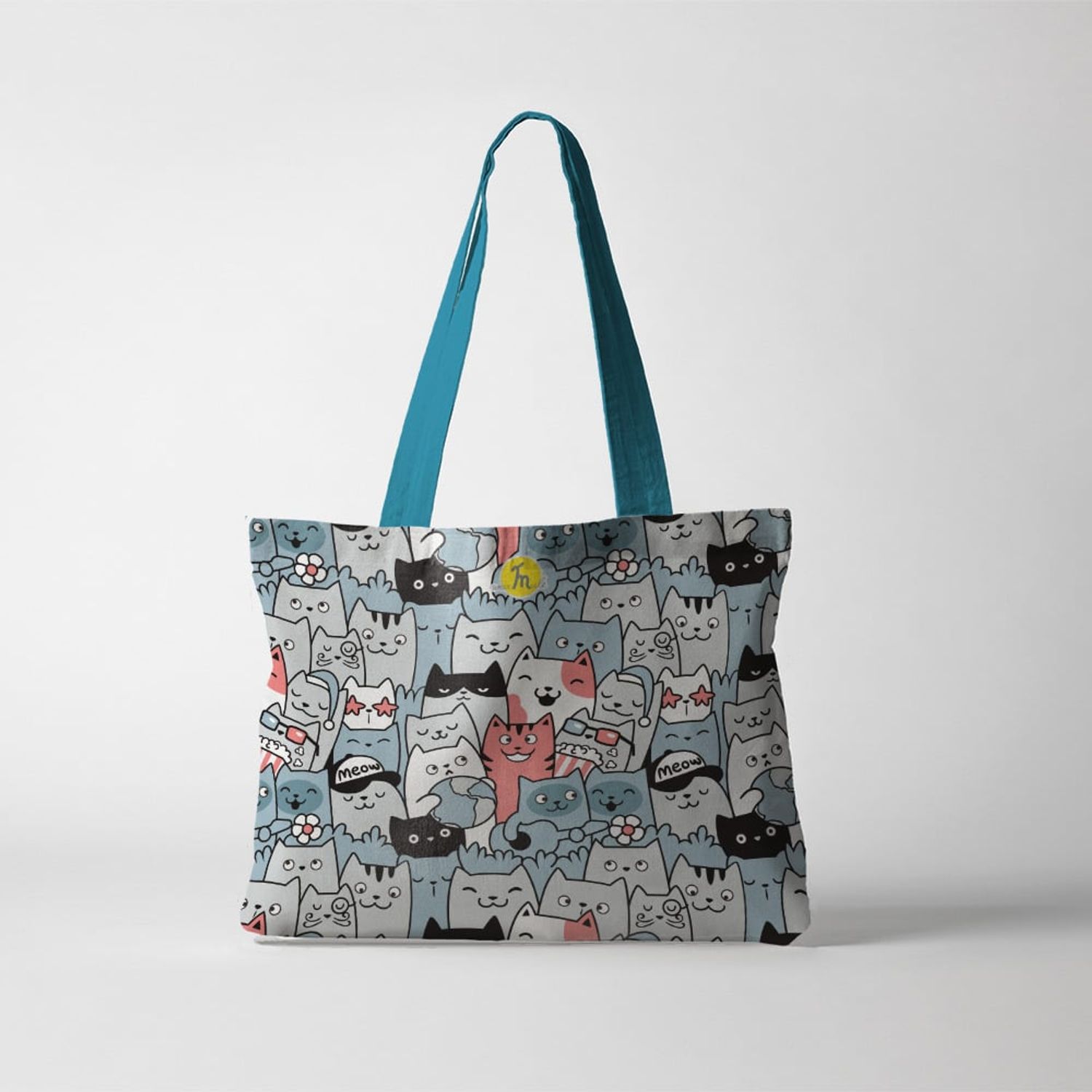 Geanta Handmade Tote Fatty cu Captuseala, O Multime Pisici Fericite, Multicolor, 37x45 cm fotografia produsului View 3 L