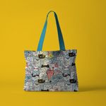 Geanta Handmade Tote Fatty cu Captuseala, O Multime Pisici Fericite, Multicolor, 37x45 cm fotografia produsului View 4 S