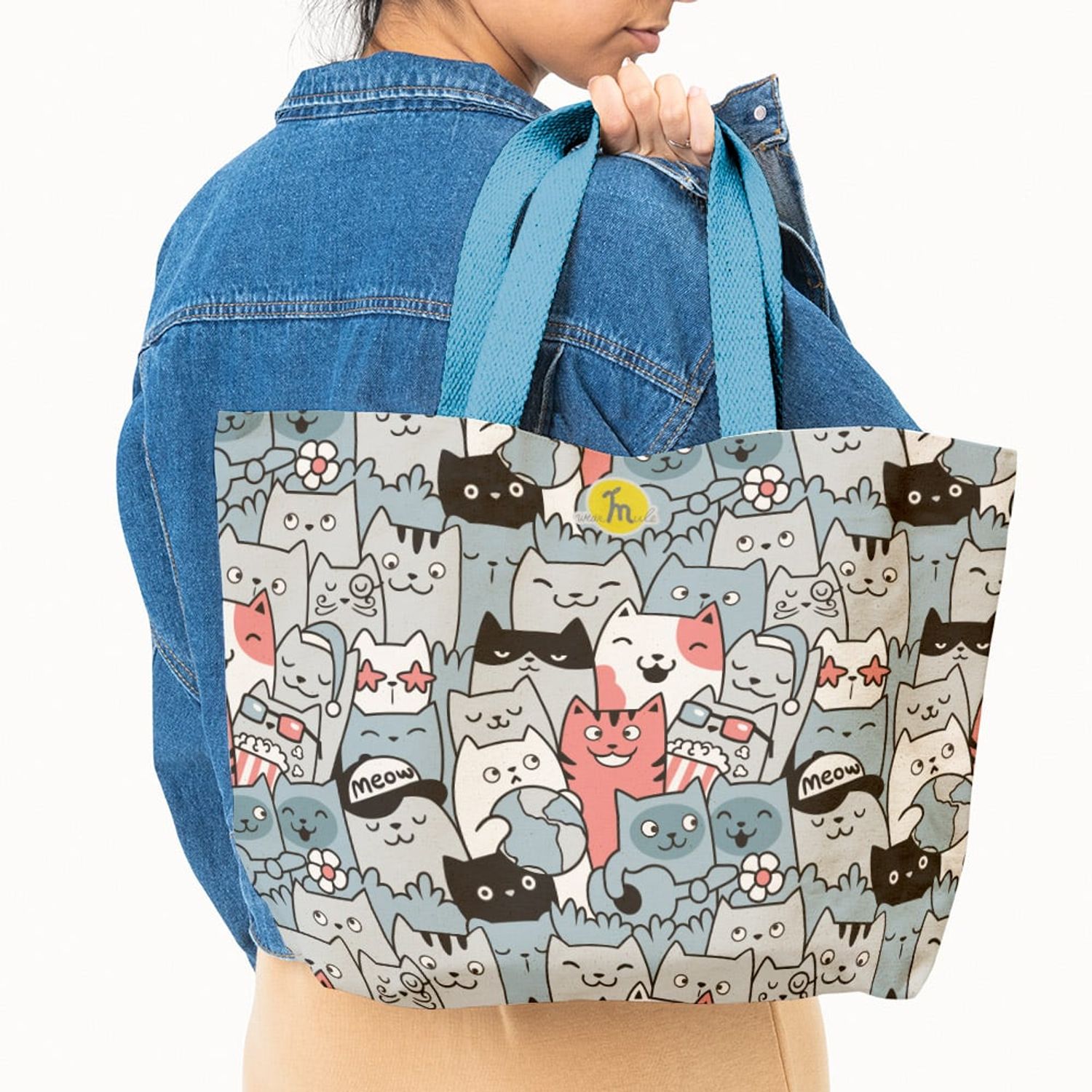 Geanta Handmade Tote Fatty cu Captuseala, O Multime Pisici Fericite, Multicolor, 37x45 cm fotografia produsului View 5 L