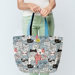 Geanta Handmade Tote Fatty cu Captuseala, O Multime Pisici Fericite, Multicolor, 37x45 cm fotografia produsului View 2 S