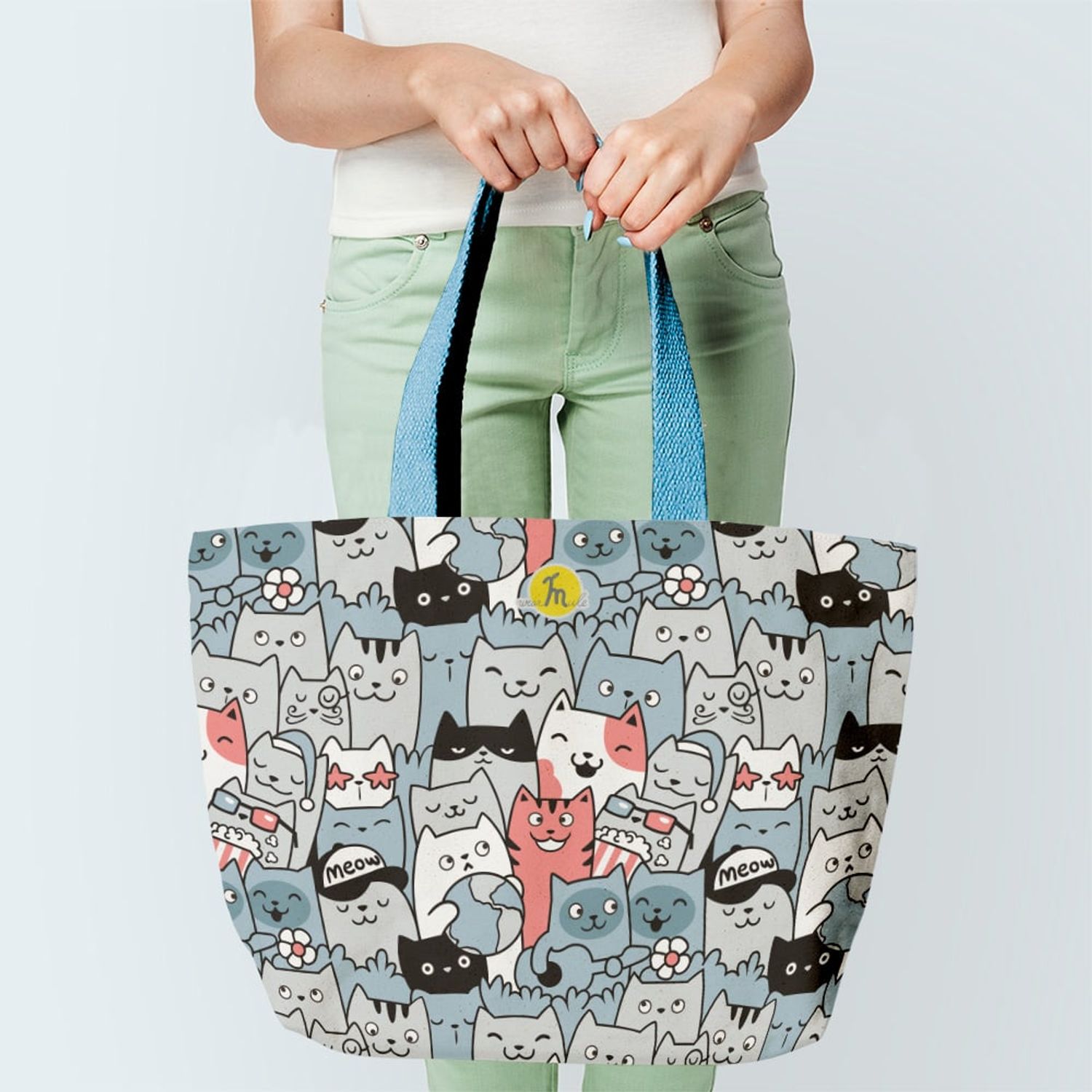 Geanta Handmade Tote Fatty cu Captuseala, O Multime Pisici Fericite, Multicolor, 37x45 cm fotografia produsului View 2 L