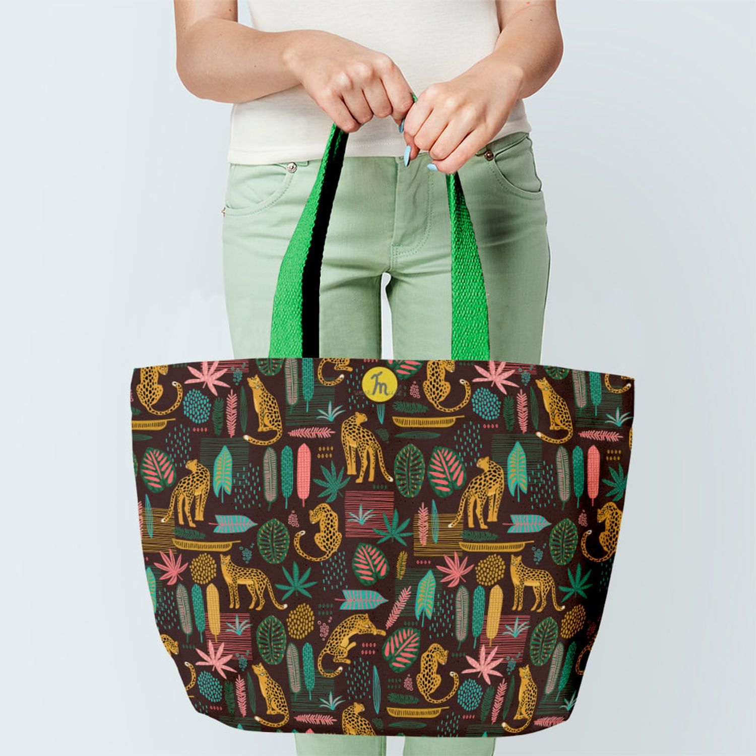 Geanta Handmade Tote Fatty Captusit, Mulewear, Botanic Plante Flori Leopard in Savana, Multicolor, 43x37 cm fotografia produsului View 2 L