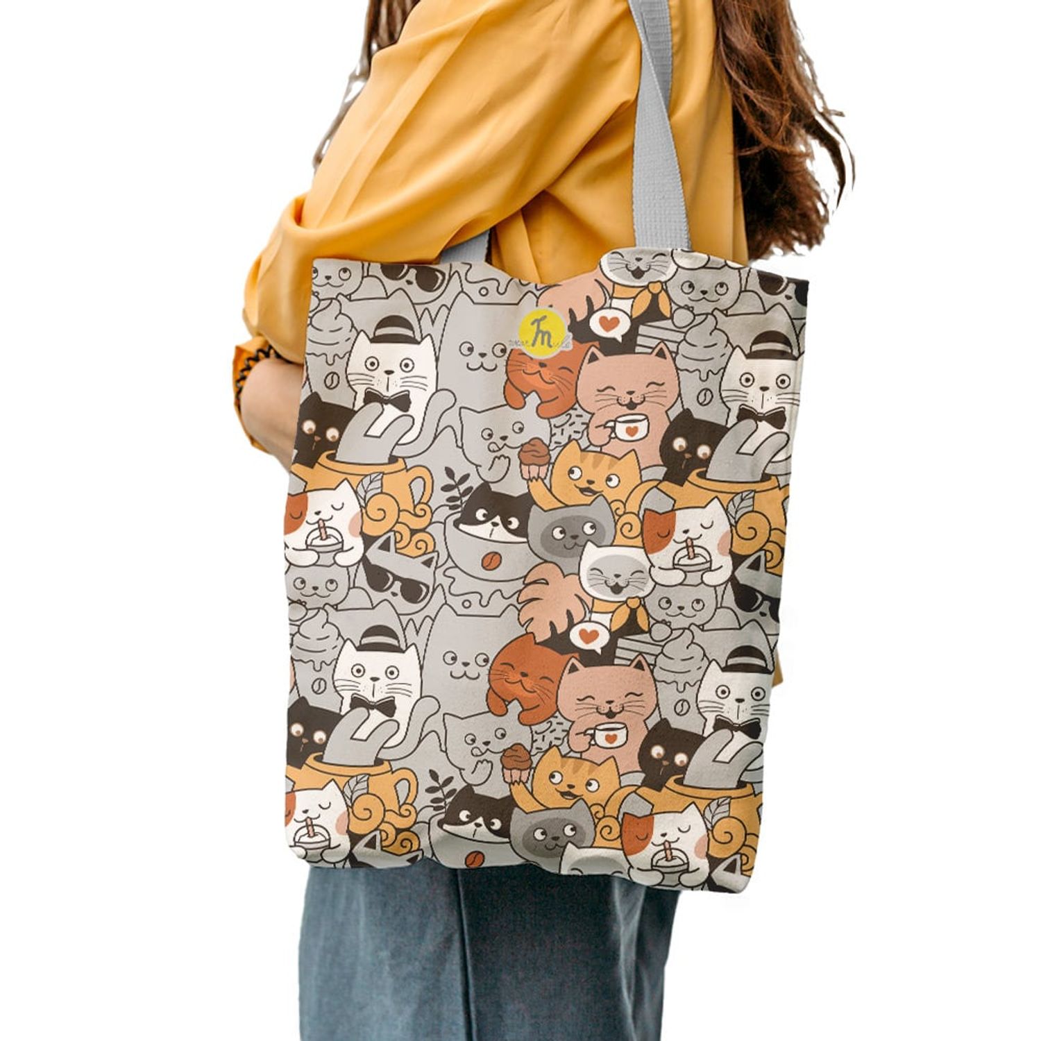 Geanta Handmade Tote Liner cu Captuseala, Pisici la Cafea si Prajituri, Multicolor, 45x37 cm fotografia produsului View 4 L