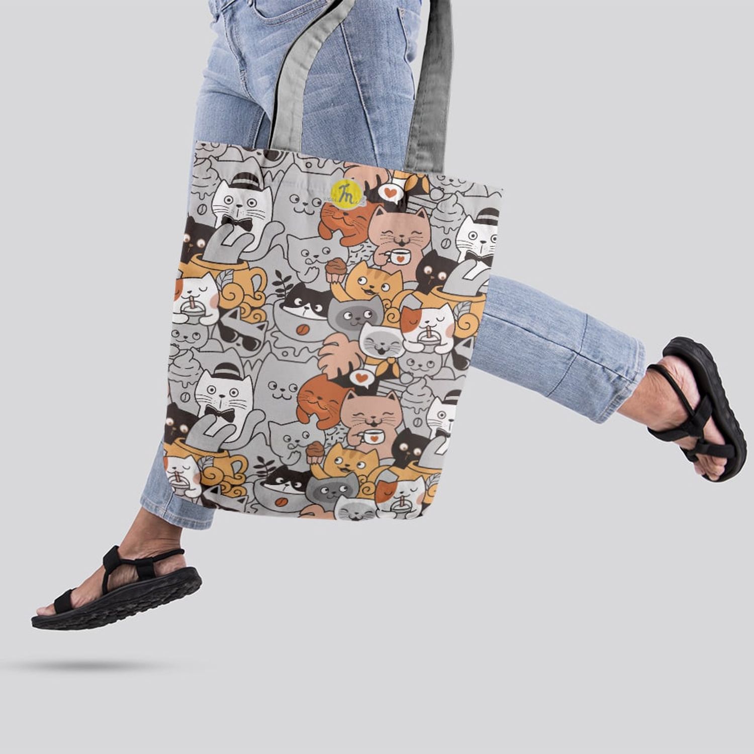 Geanta Handmade Tote Liner cu Captuseala, Pisici la Cafea si Prajituri, Multicolor, 45x37 cm fotografia produsului View 2 L