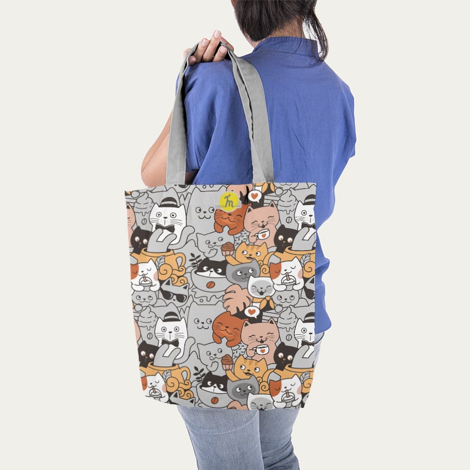 Geanta Handmade Tote Liner cu Captuseala, Pisici la Cafea si Prajituri, Multicolor, 45x37 cm fotografia produsului View 3 L