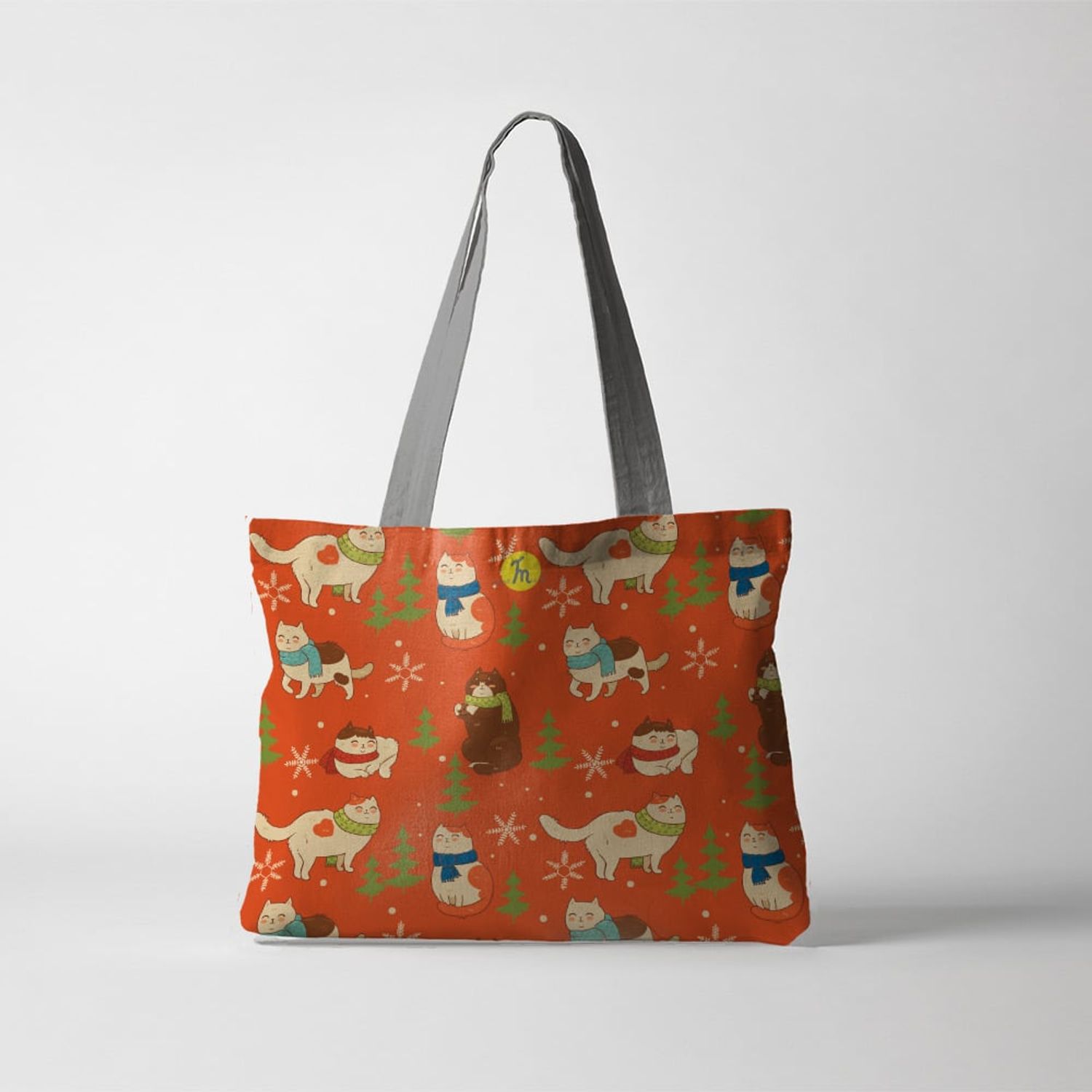 Geanta Handmade Tote Fatty cu Captuseala, Pisici cu Fular si Fulgi de Nea, Multicolor, 37x45 cm fotografia produsului View 4 L