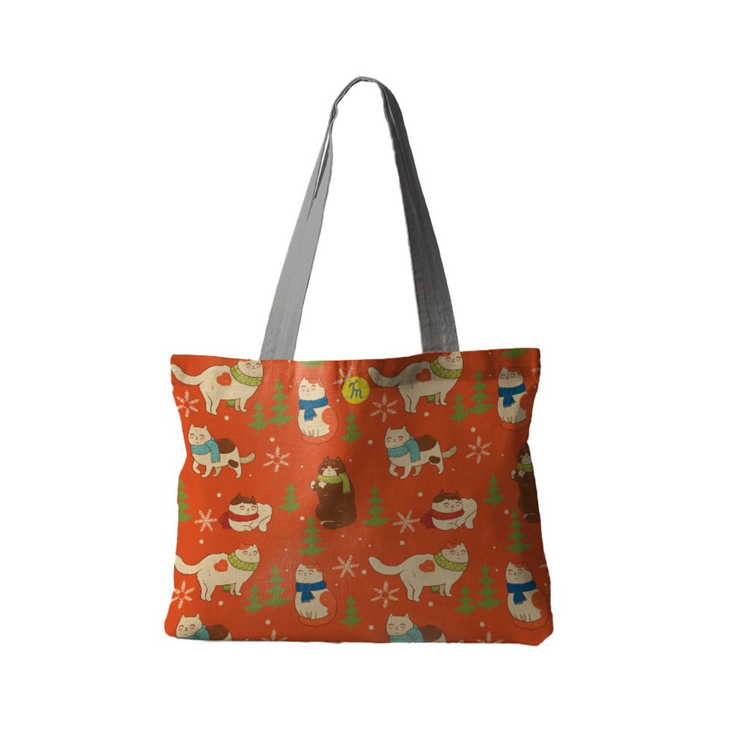 Geanta Handmade Tote Fatty cu Captuseala, Pisici cu Fular si Fulgi de Nea, Multicolor, 37x45 cm fotografia produsului