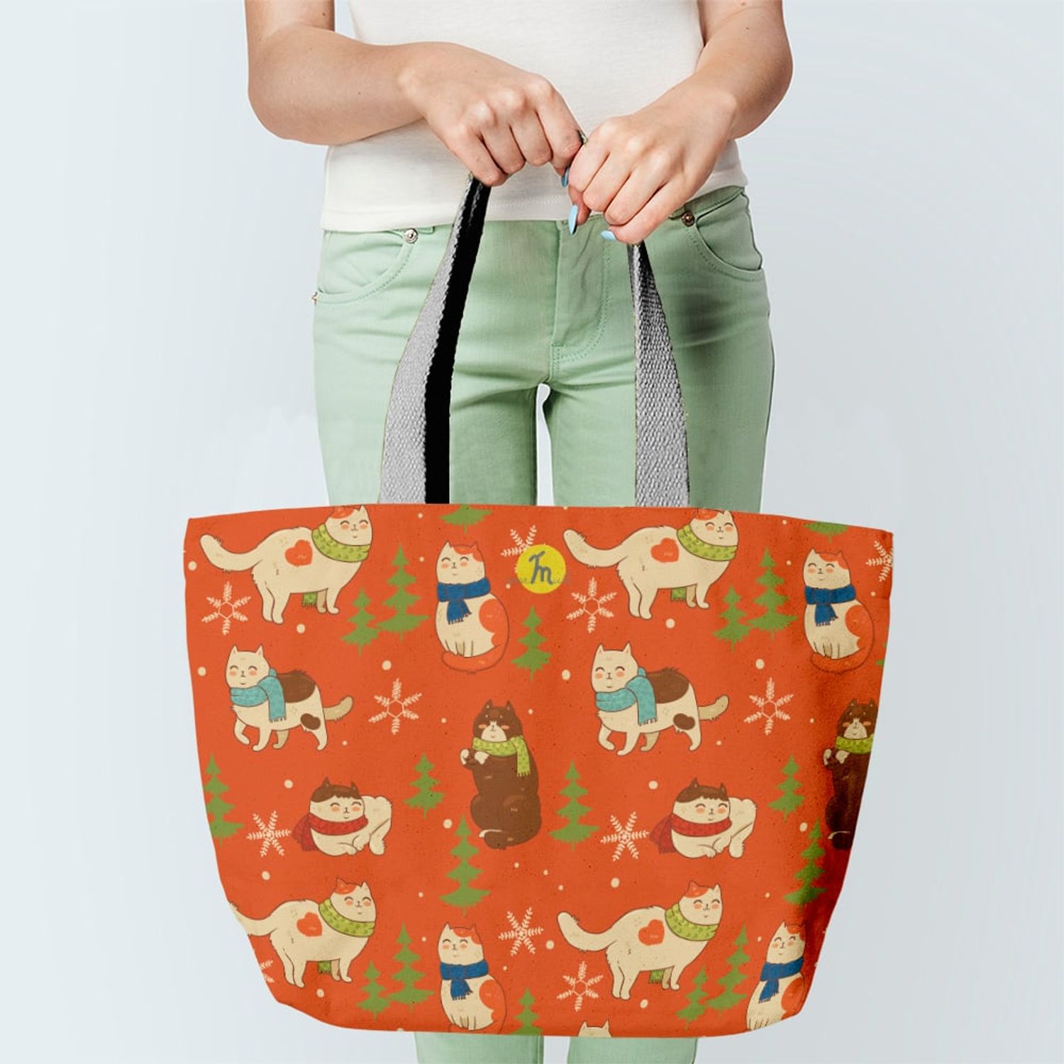 Geanta Handmade Tote Fatty cu Captuseala, Pisici cu Fular si Fulgi de Nea, Multicolor, 37x45 cm fotografia produsului View 2 L