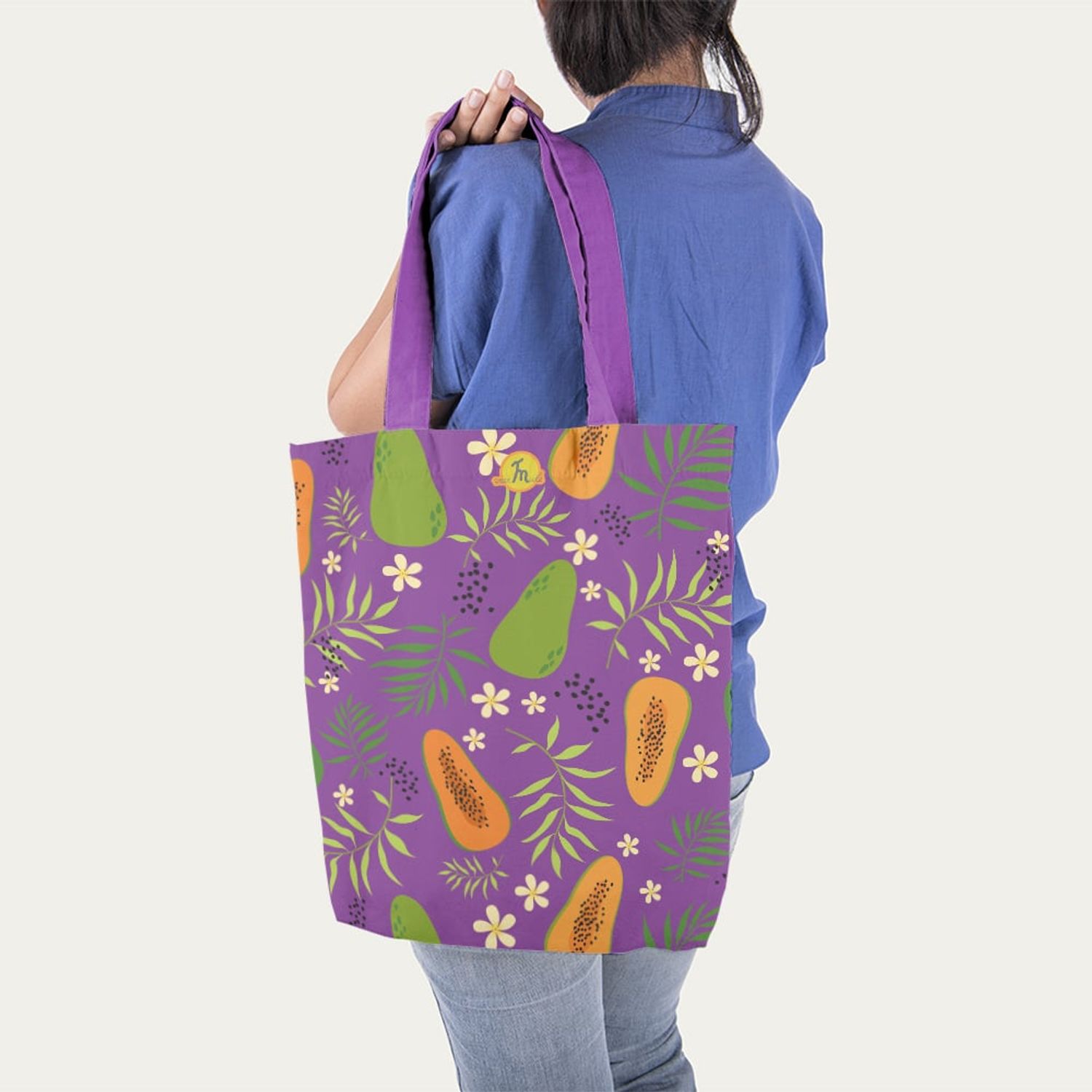 Geanta Handmade Tote Liner Captusit, Botanic Plante Flori si Mango, Multicolor, 45x37 cm fotografia produsului View 3 L