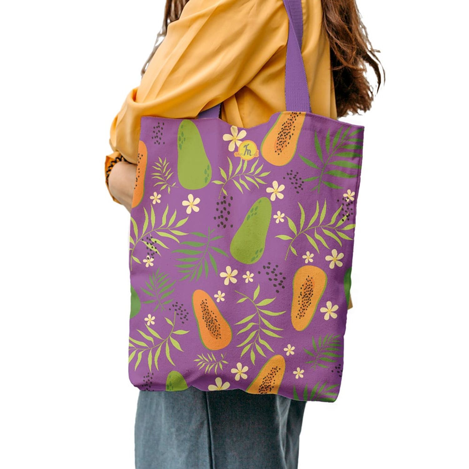 Geanta Handmade Tote Liner Captusit, Botanic Plante Flori si Mango, Multicolor, 45x37 cm fotografia produsului View 6 L