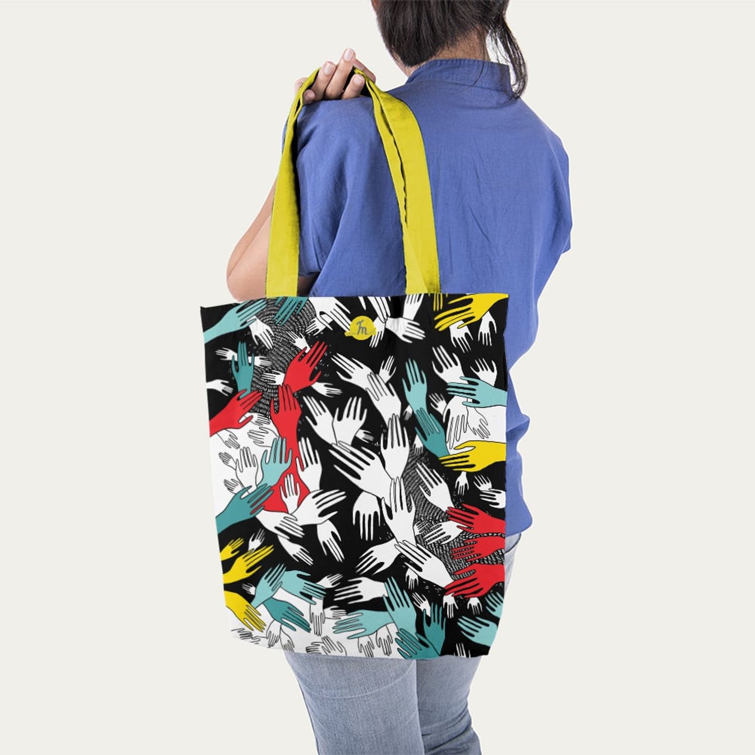 Geanta Handmade Tote Liner cu Captuseala, Pattern cu Palme si Atingeri, Multicolor, 45x37 cm fotografia produsului View 3 L