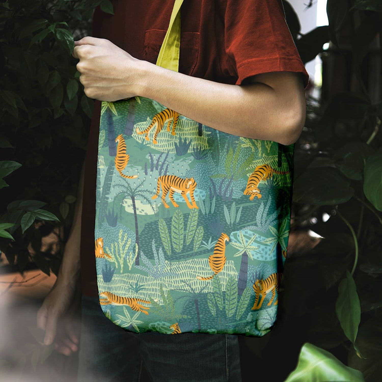 Geanta Handmade Tote Liner Captusit, Mulewear, Botanic Plante Flori Tigru in Savana, Multicolor, 45x37 cm fotografia produsului View 4 L
