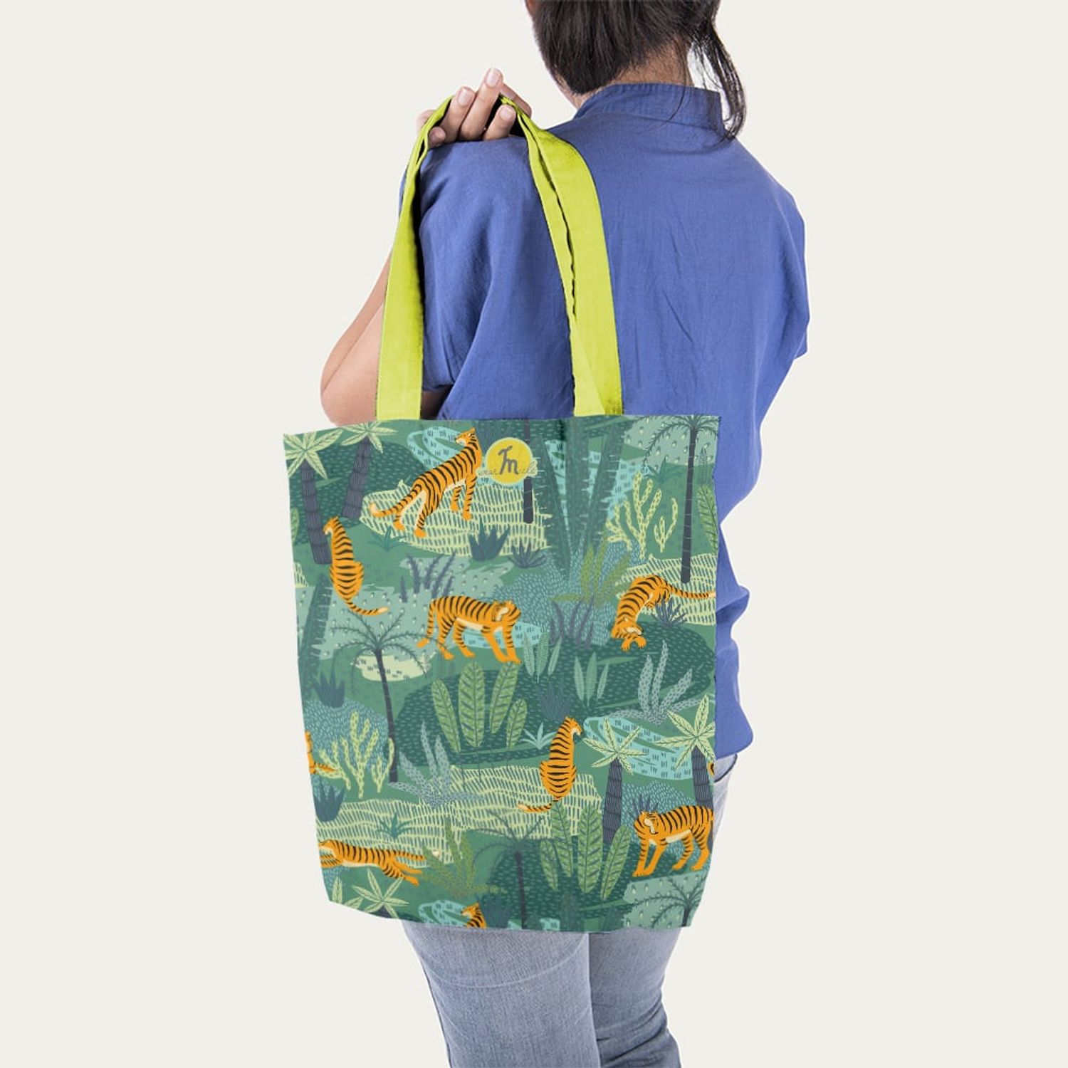 Geanta Handmade Tote Liner Captusit, Mulewear, Botanic Plante Flori Tigru in Savana, Multicolor, 45x37 cm fotografia produsului View 6 L