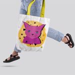 Geanta Handmade Tote Liner cu Captuseala, Pisica Cosmica Violet cu Ochi Albastri, Multicolor, 45x37 cm fotografia produsului View 2 S