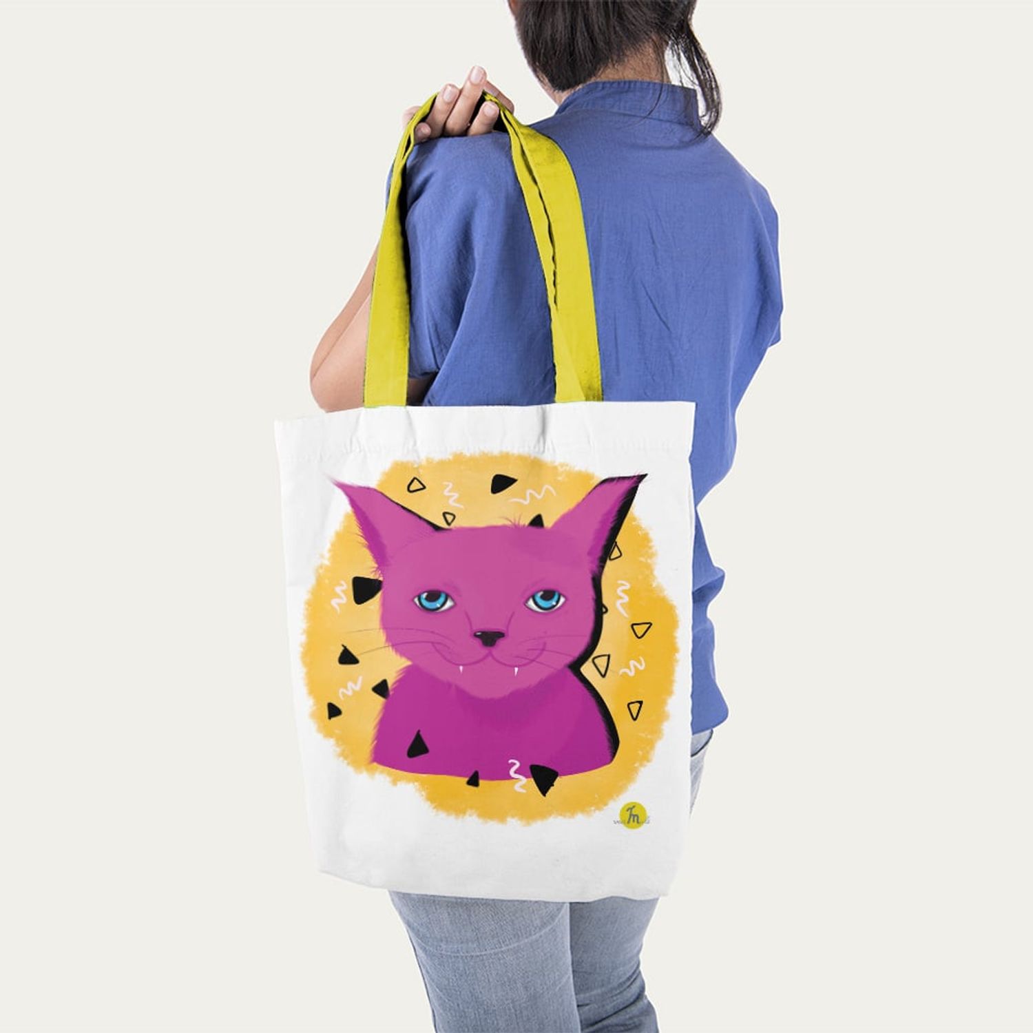 Geanta Handmade Tote Liner cu Captuseala, Pisica Cosmica Violet cu Ochi Albastri, Multicolor, 45x37 cm fotografia produsului View 6 L