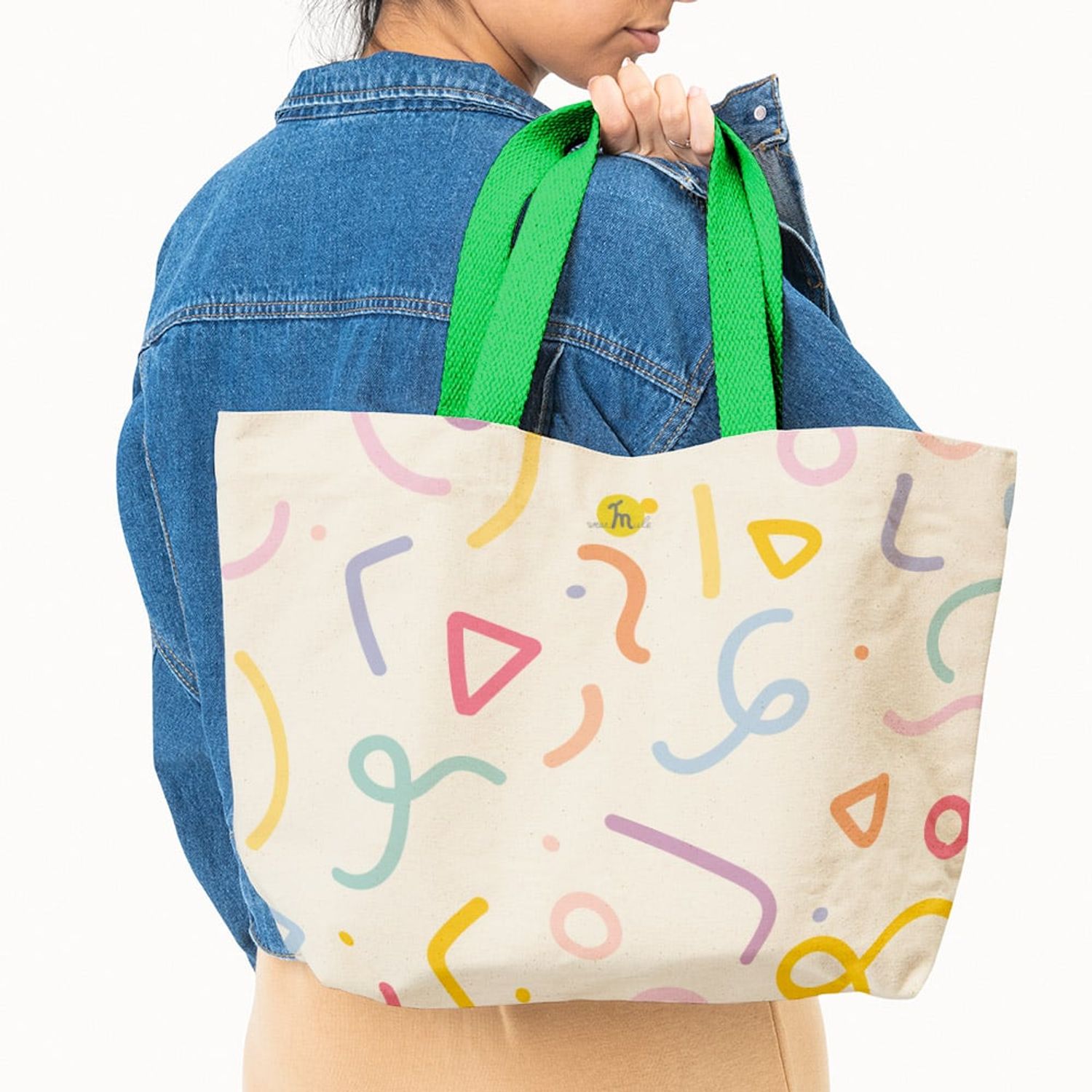 Geanta Handmade Tote Fatty cu Captuseala, Abstract Forme Desen de Copii, Multicolor, 37 x 45 cm fotografia produsului View 4 L