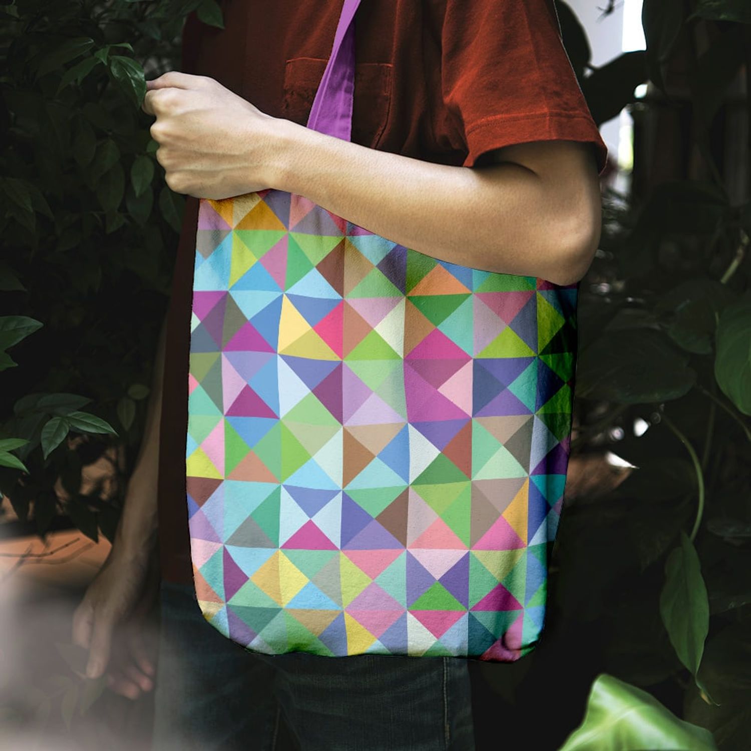 Geanta Handmade Tote Liner cu Captuseala, Abstract Triunghiuri si Patrate In Culori Vintage, Multicolor, 45x37 cm fotografia produsului View 4 L