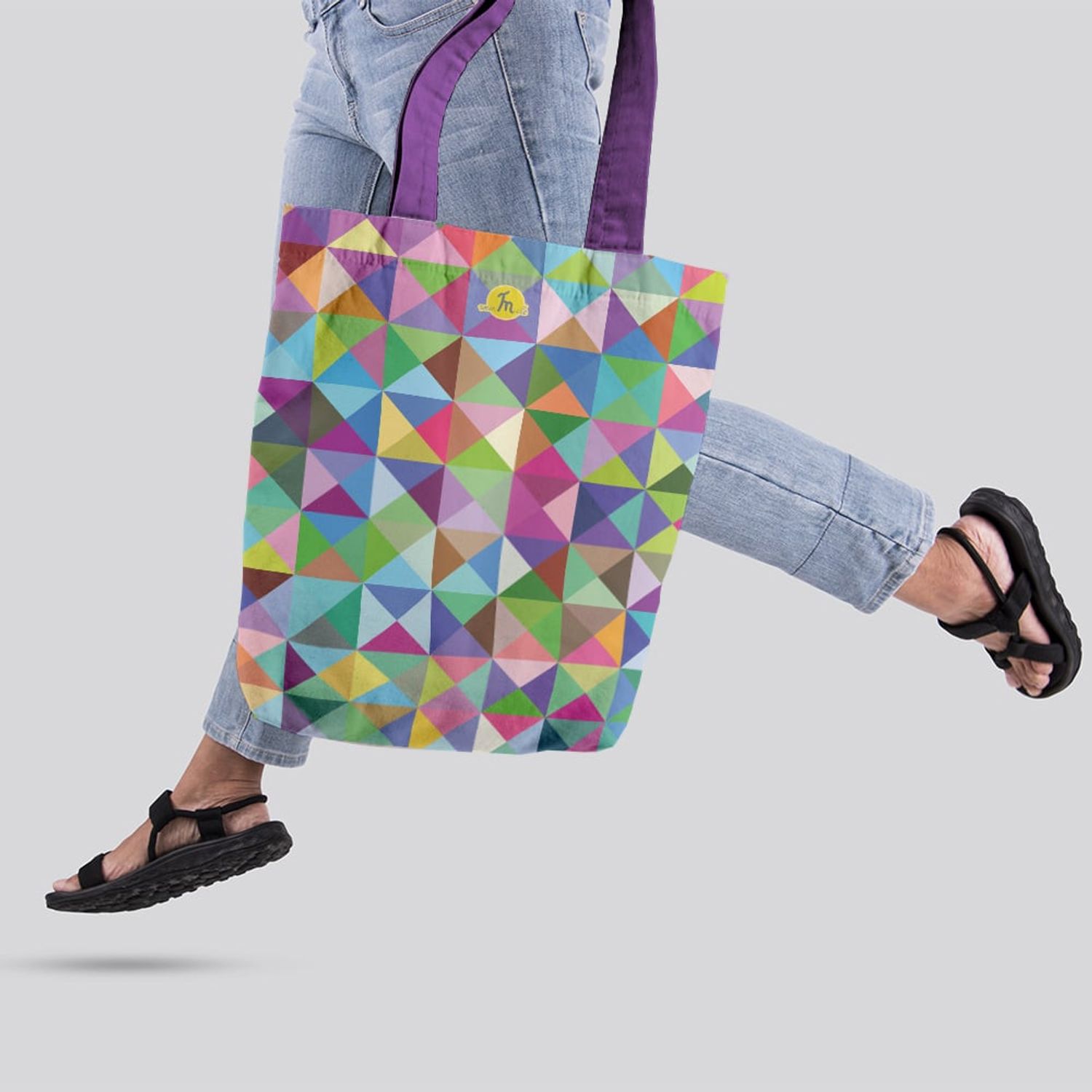 Geanta Handmade Tote Liner cu Captuseala, Abstract Triunghiuri si Patrate In Culori Vintage, Multicolor, 45x37 cm fotografia produsului View 2 L