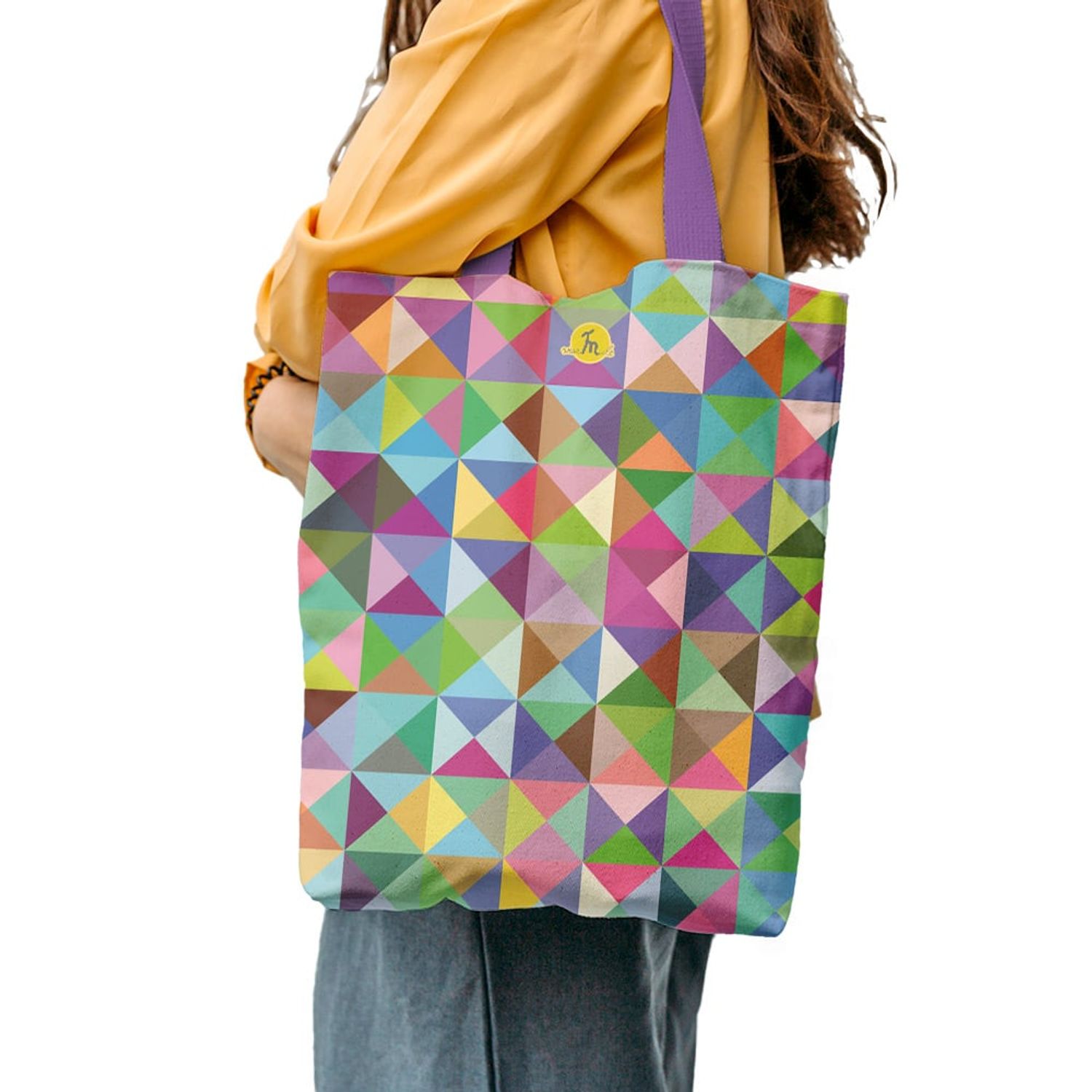 Geanta Handmade Tote Liner cu Captuseala, Abstract Triunghiuri si Patrate In Culori Vintage, Multicolor, 45x37 cm fotografia produsului View 6 L