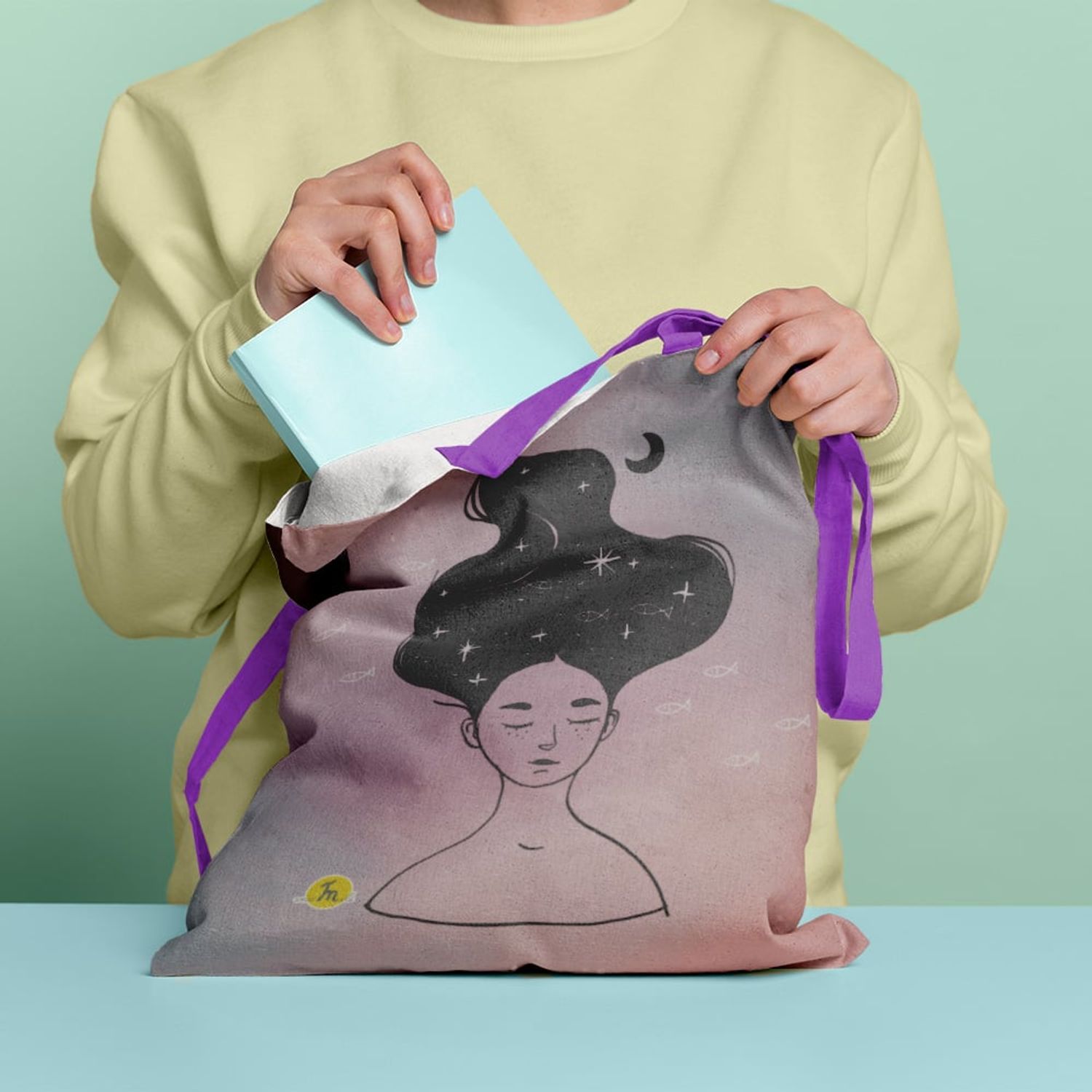 Geanta Handmade Tote Basic, Visand sub Apa, Multicolor, 43x37 cm fotografia produsului View 4 L