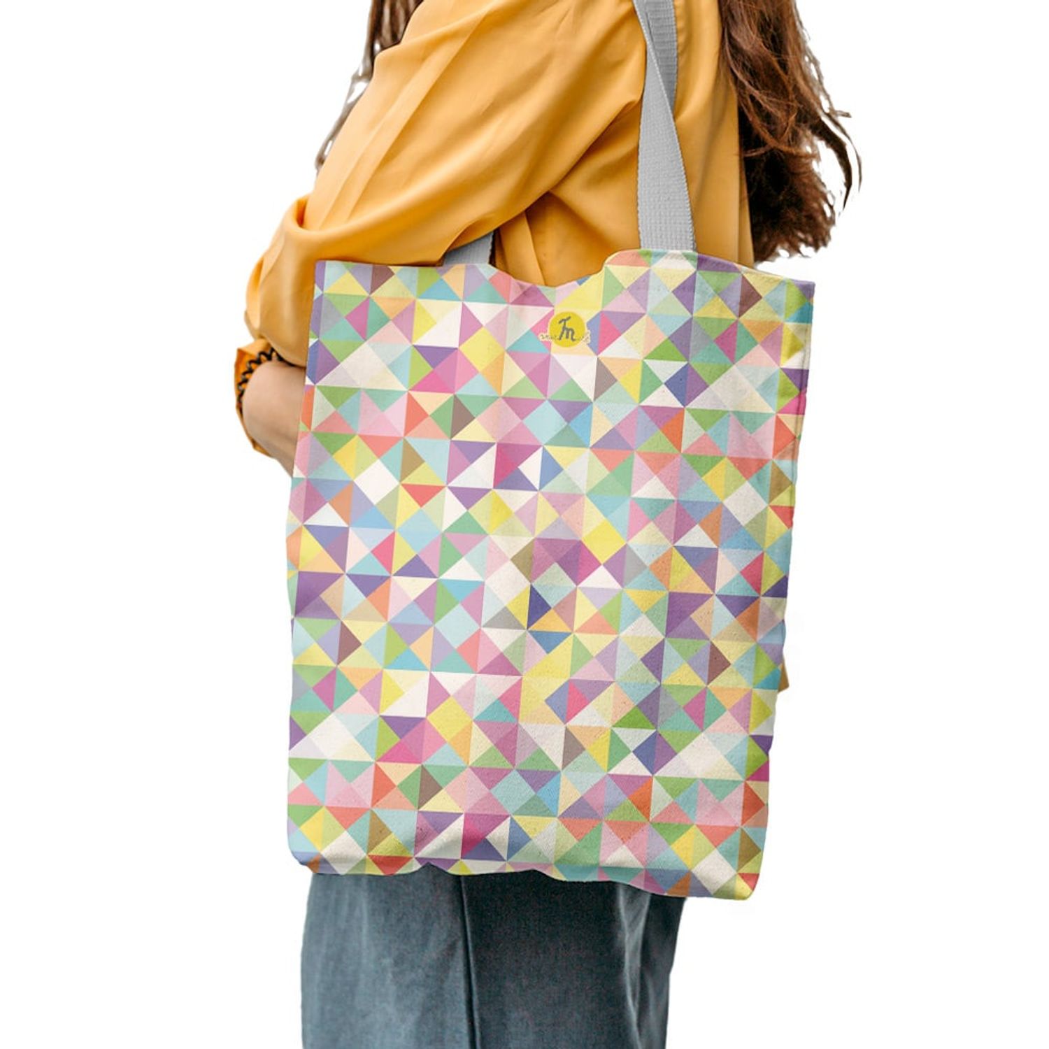 Geanta Handmade Tote Liner cu Captuseala, Abstract Abundenta de Triunghiuri Subtile, Multicolor, 45x37 cm fotografia produsului View 5 L